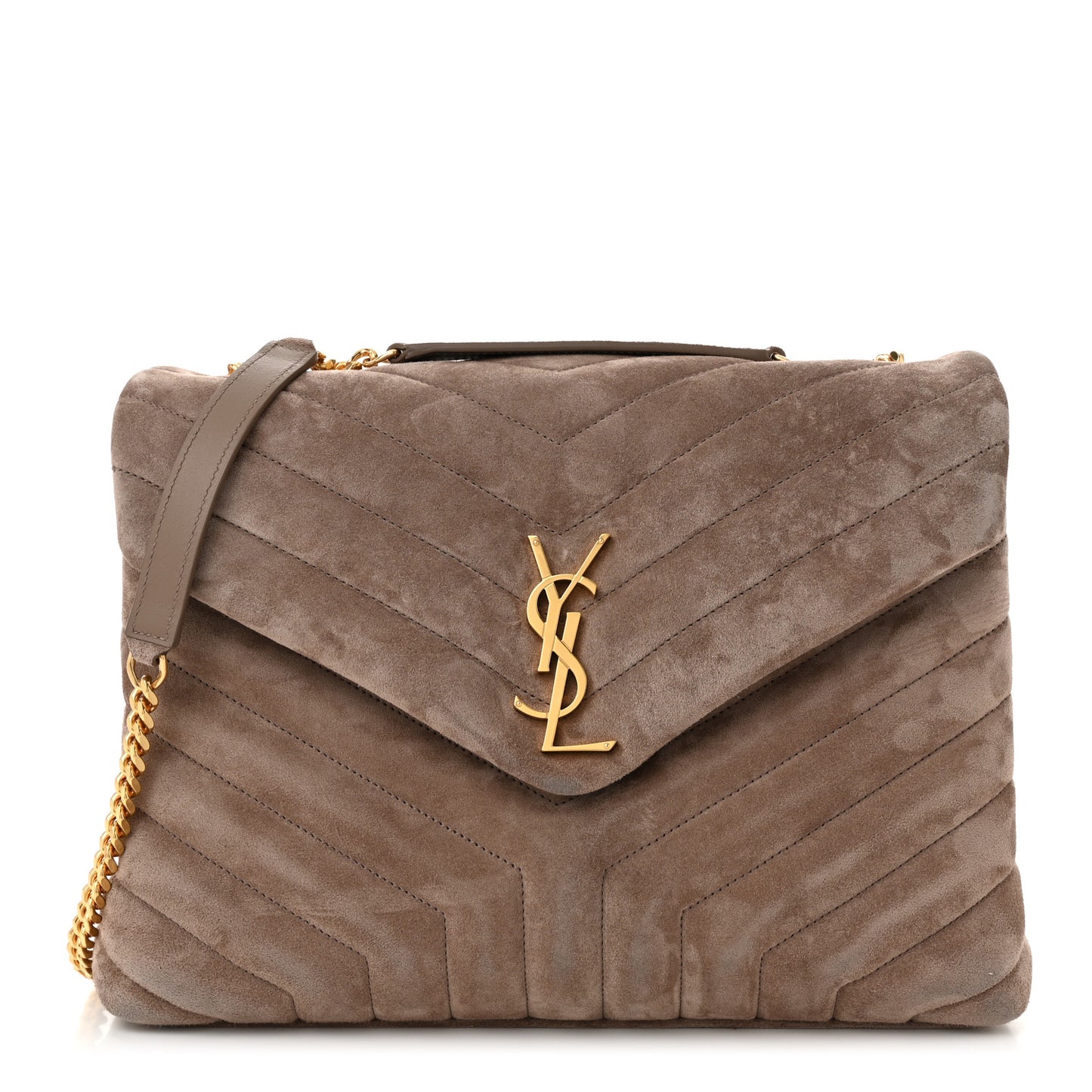 Suede Y Quilted Monogram Medium Loulou Chain Satchel Taupe