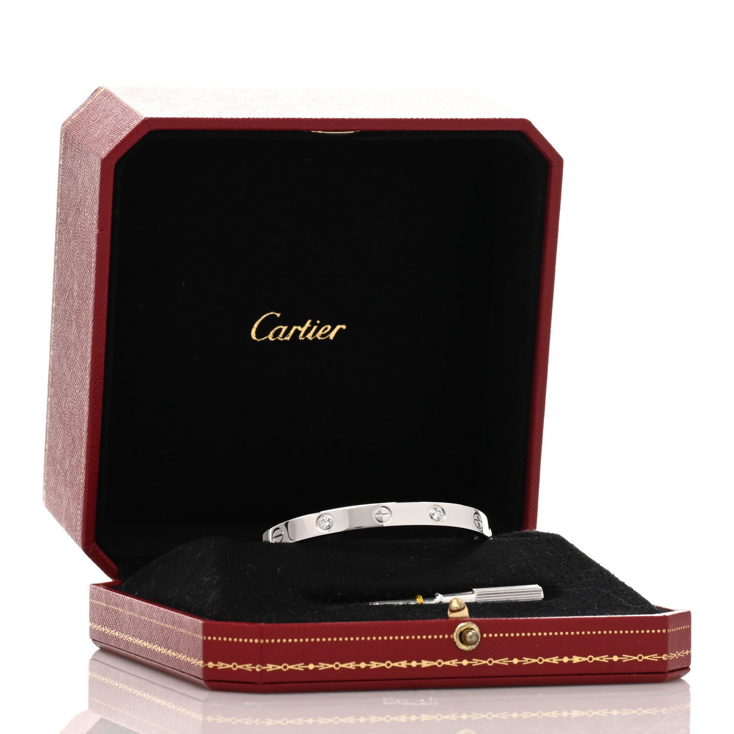 image of CARTIER 18K White Gold 4 Diamond LOVE Bracelet size 16 inside red crimson box by FASHIONPHILE