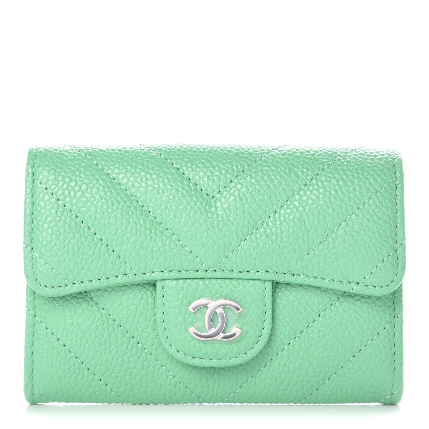 Caviar Chevron Quilted Card Holder Wallet Light Green