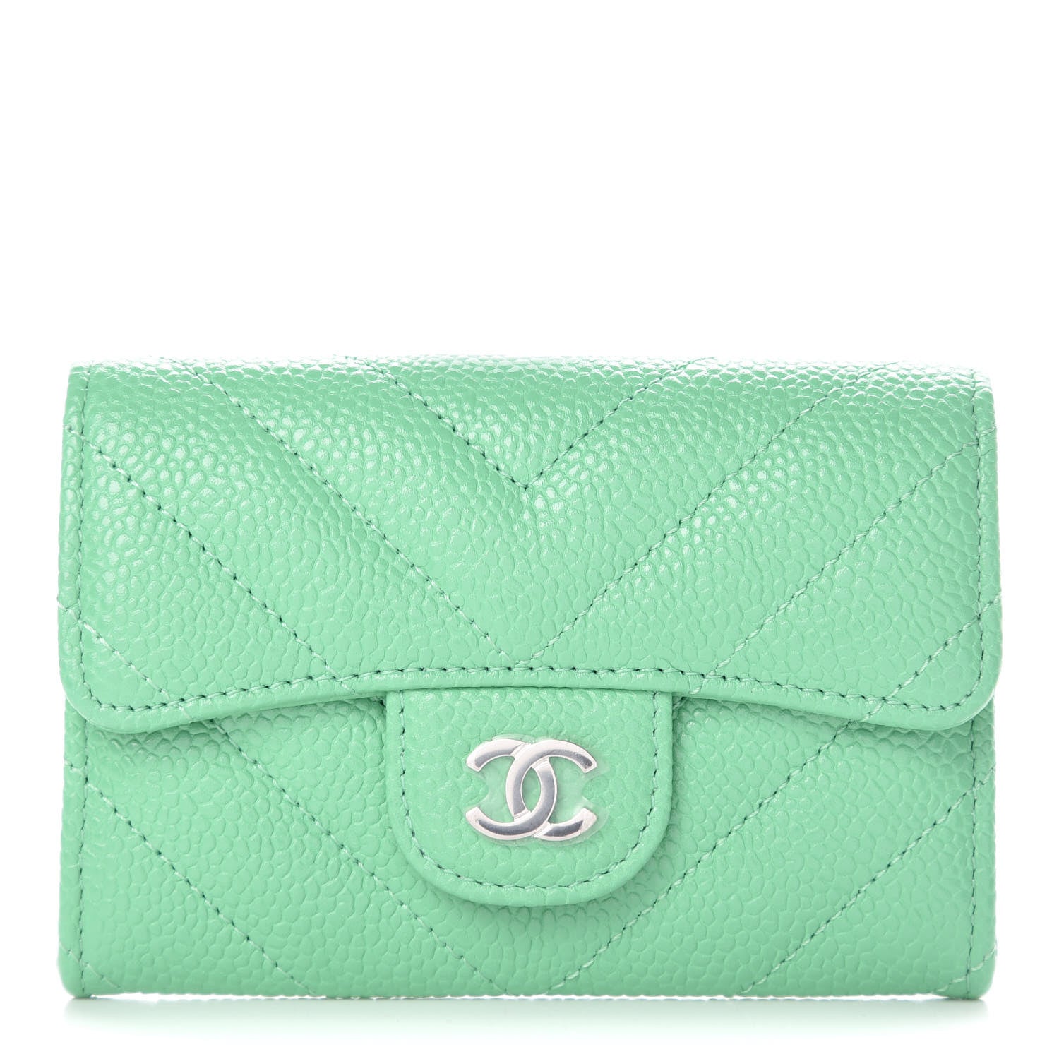 Chanel Caviar Chevron Quilted Card Holder Wallet Light Green 1 of 8