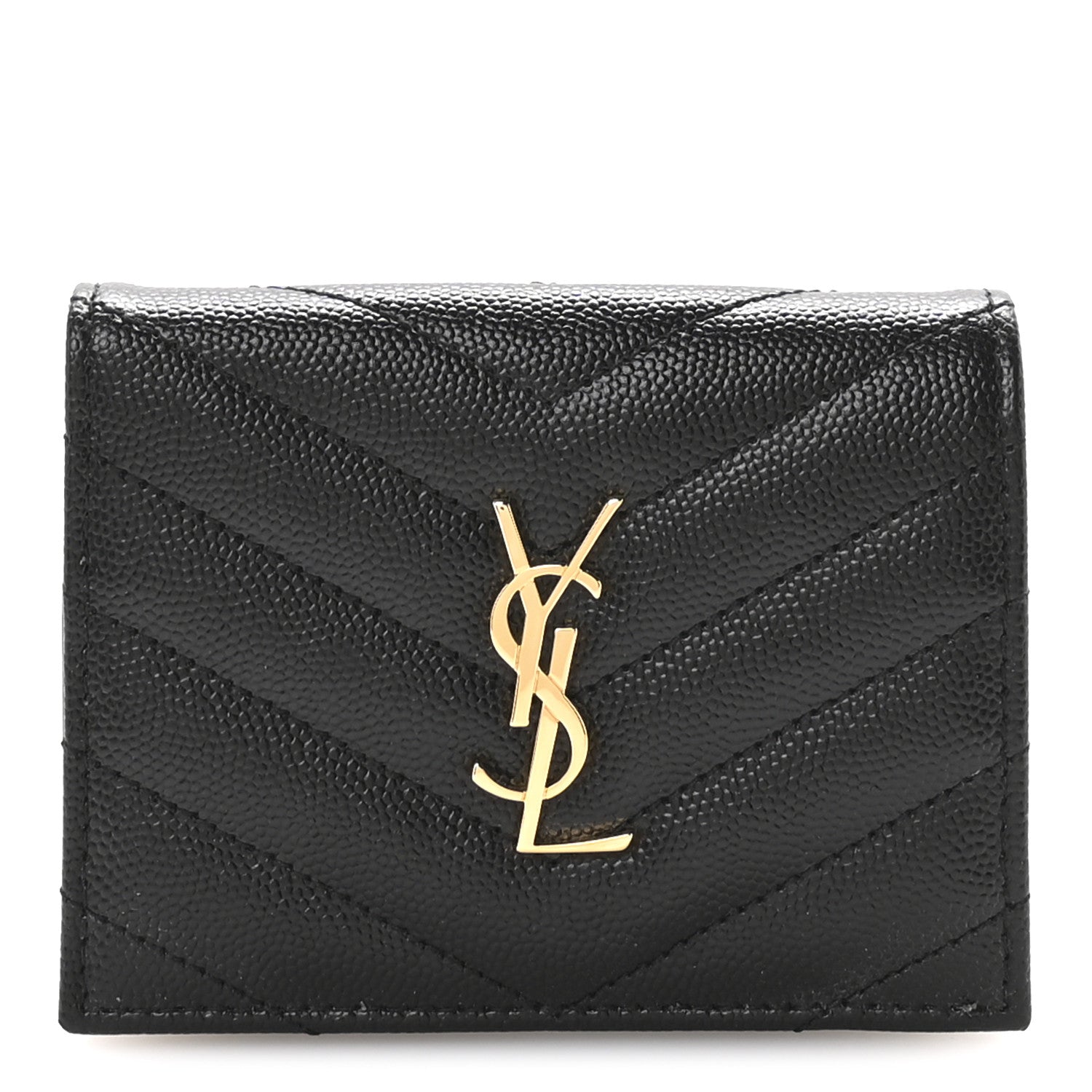 Saint Laurent Grain De Poudre Matelasse Chevron Monogram Flap Card Case Black 1 of 8