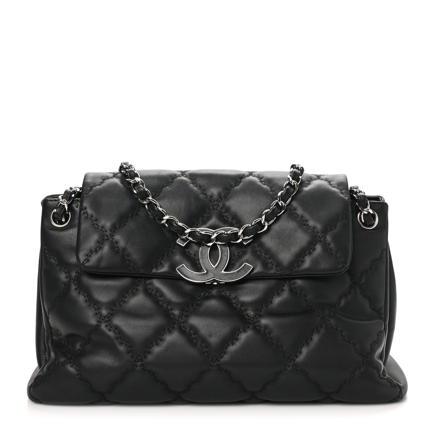 Calfskin Double Stitch Large Hamptons Flap Bag Black