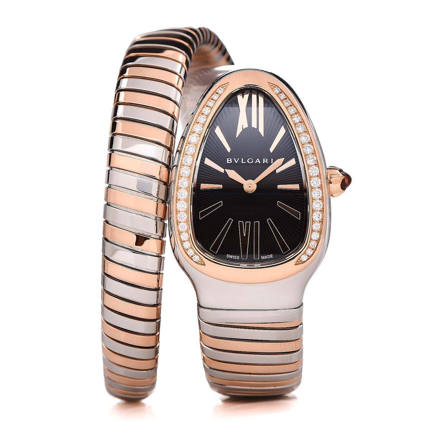 Stainless Steel 18K Rose Gold Diamond Bezel 35mm Serpenti Tubogas Quartz Watch Black