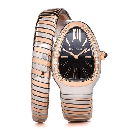 Bulgari Stainless Steel 18K Rose Gold Diamond Bezel 35mm Serpenti Tubogas Quartz Watch Black 1 of 6