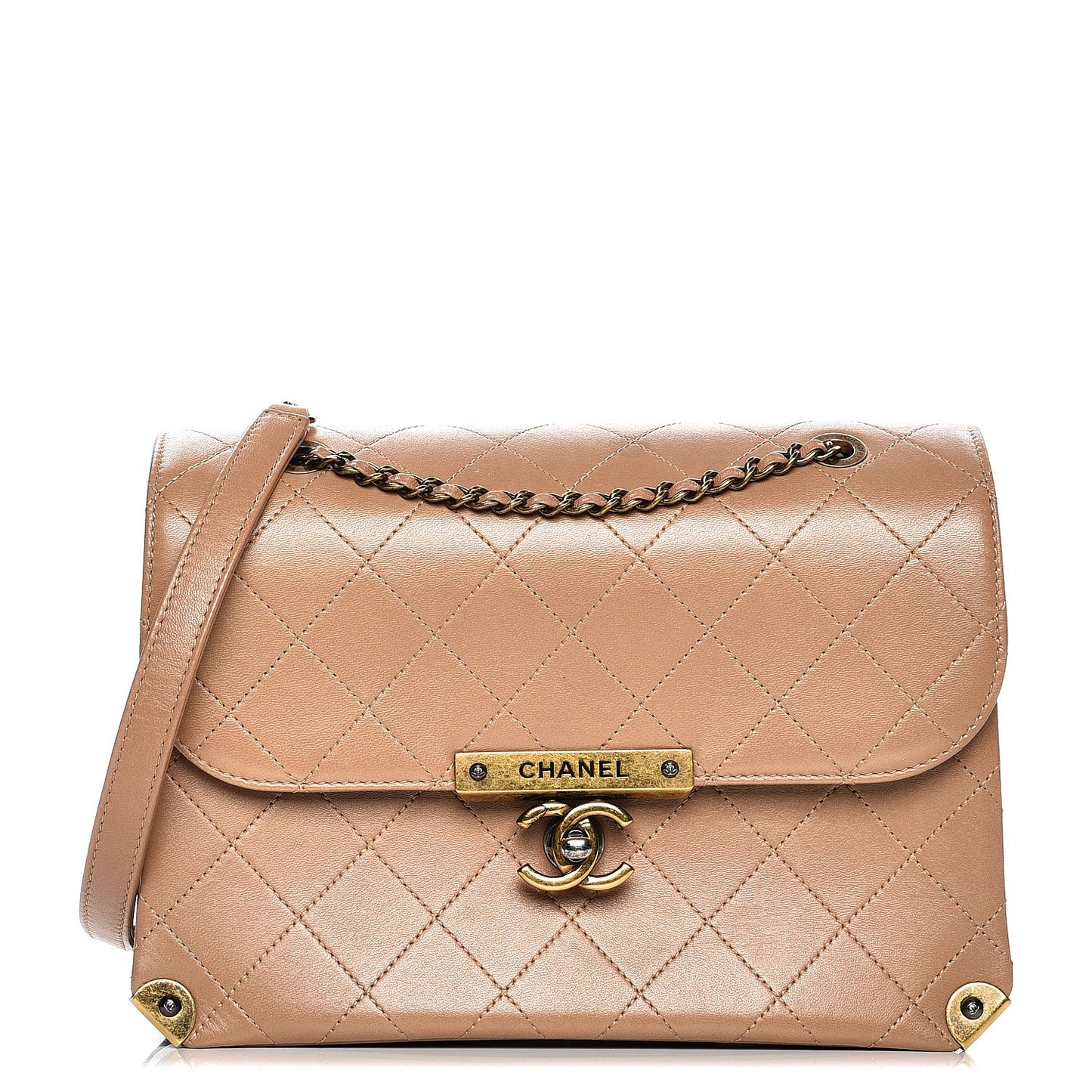 Shiny Lambskin Quilted Around The Corner Flap Beige