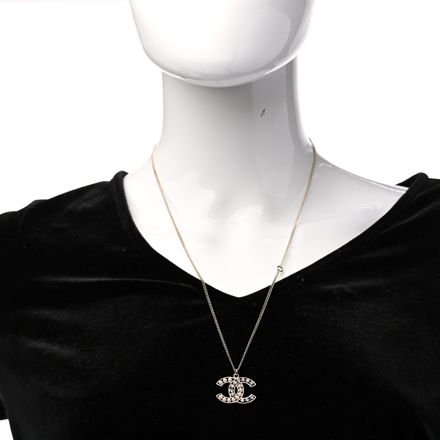 Pearl Crystal CC Pendant Necklace Gold