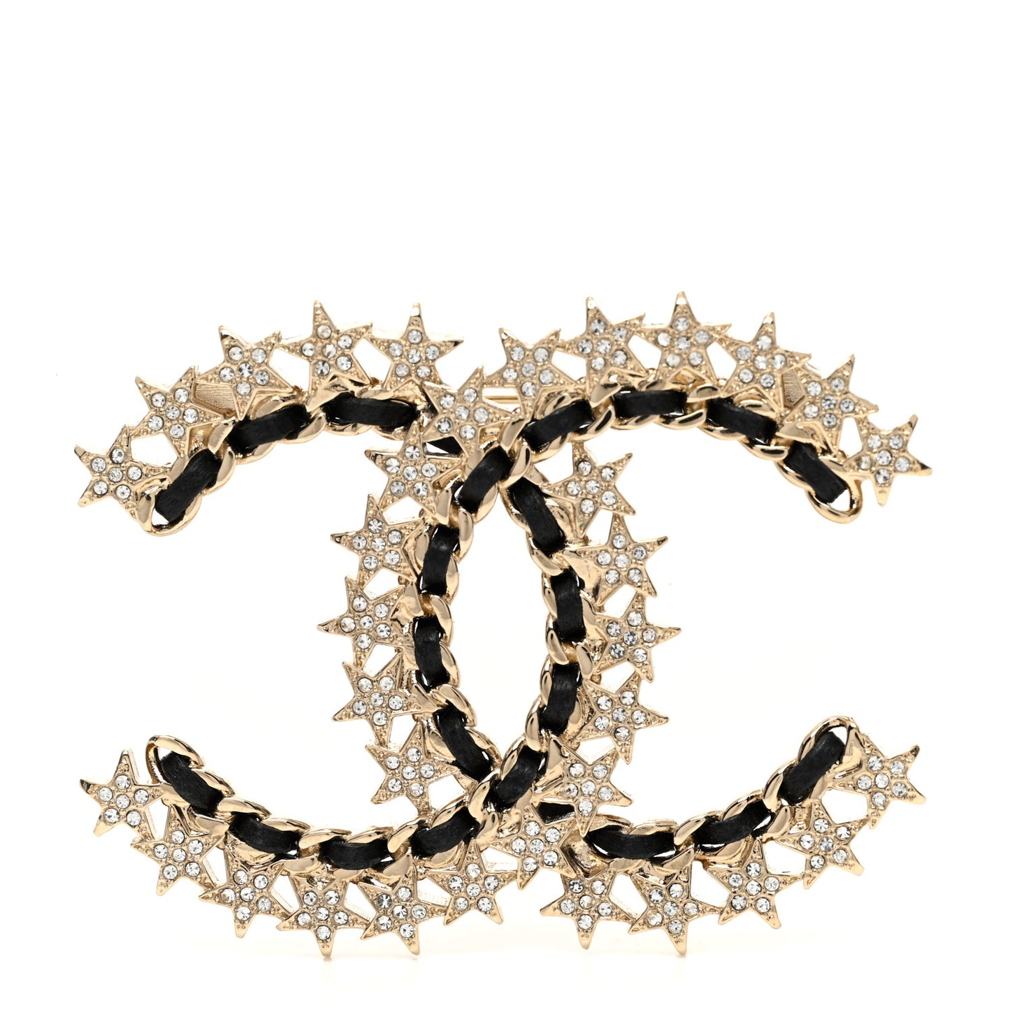 Lambskin Chain Crystal Chain CC Star Brooch Gold Black