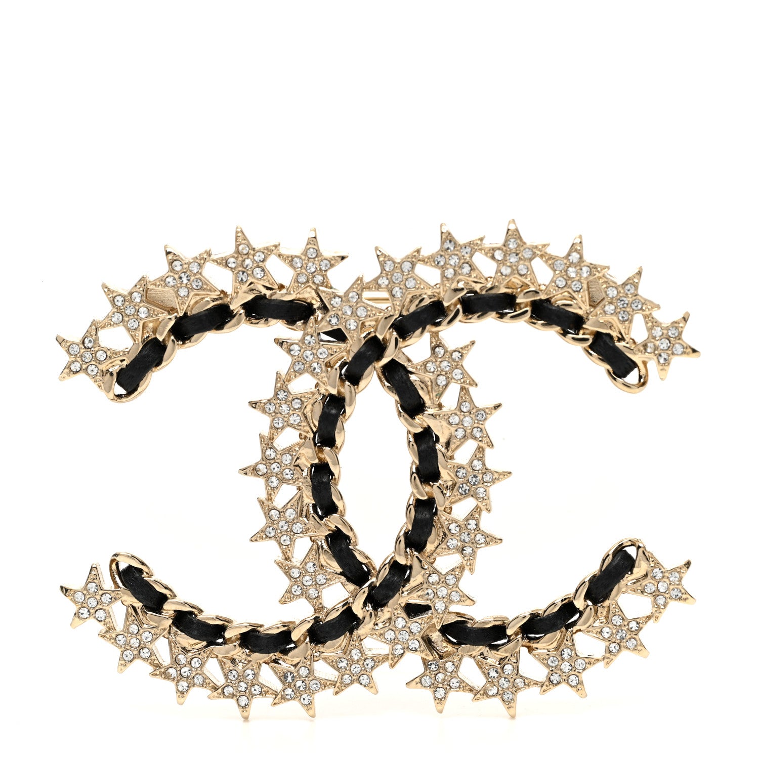 Chanel Lambskin Chain Crystal Chain CC Star Brooch Gold Black 1 of 5