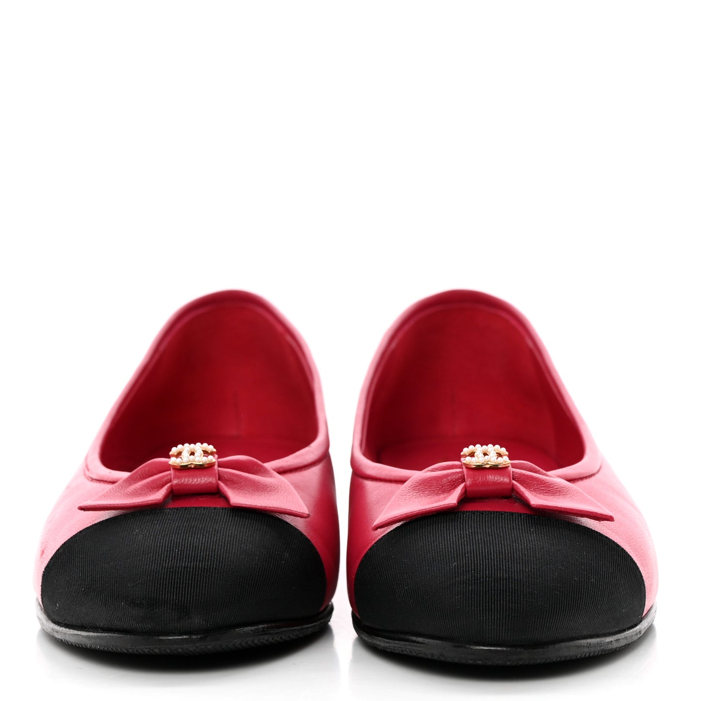 Lambskin Grosgrain Pearl CC Bow Ballerina Cap Toe Flats 37 Pink Black