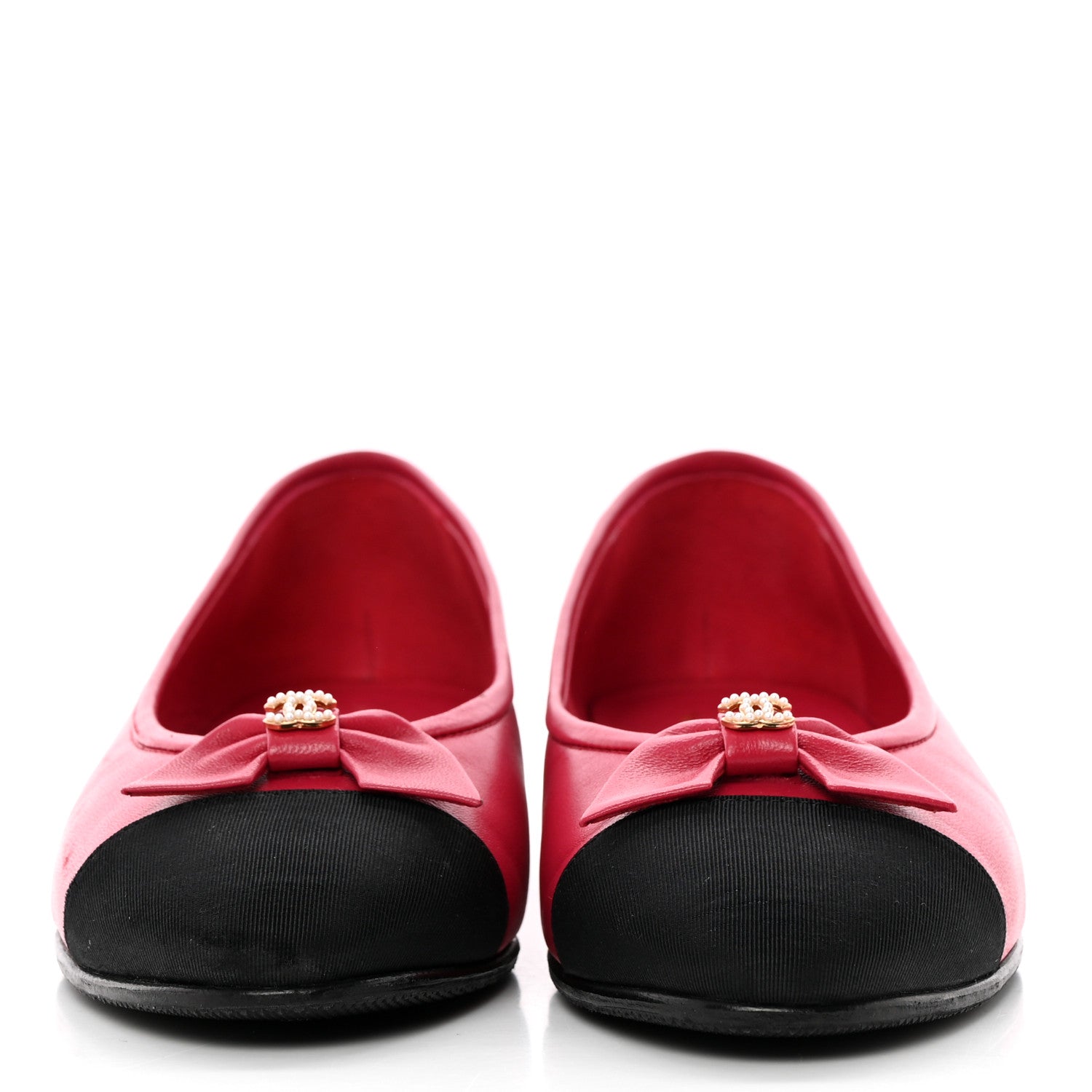 Chanel Lambskin Grosgrain Pearl CC Bow Ballerina Cap Toe Flats 37 Pink Black 2 of 14