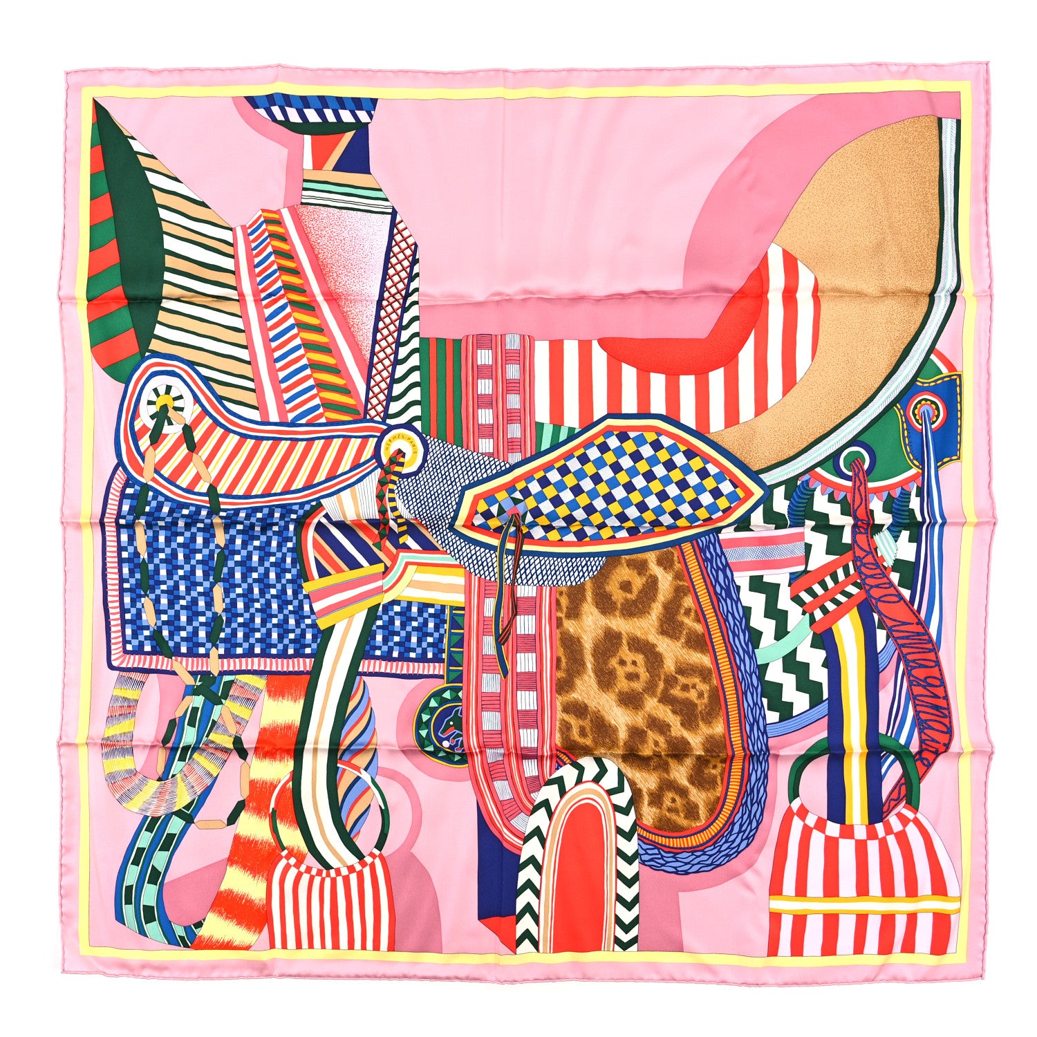 Hermes Silk La Selle Imaginaire Scarf 90 Vieux Rose Vert Rouge 1 of 3