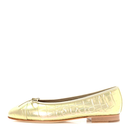Chanel Iridescent Calfskin Crocodile Embossed Cap Toe CC Ballerina Flats 37.5 Yellow 1 of 9