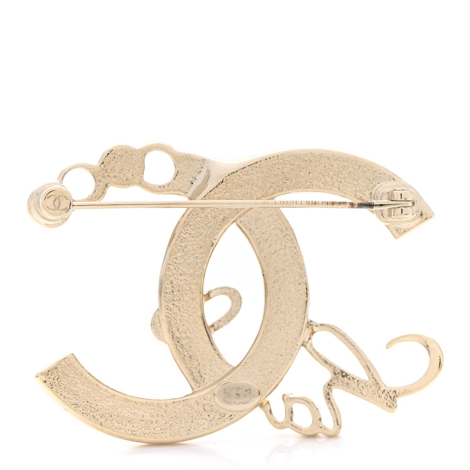 Chanel Metal Pearl Crystal Coco Script Brooch Light Gold 3 of 5