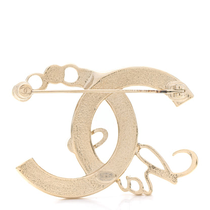 Chanel Metal Pearl Crystal Coco Script Brooch Light Gold 3 of 5