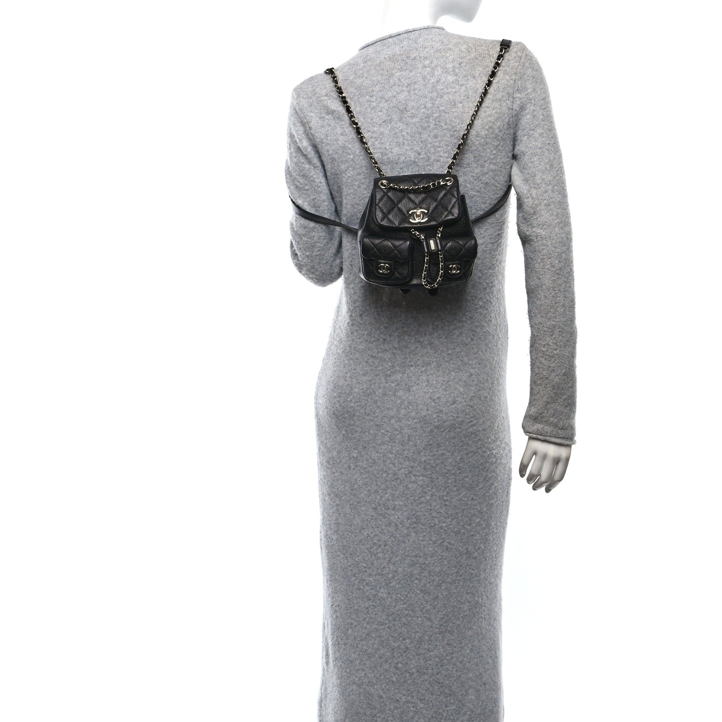 Shiny Caviar Quilted Small Duma Pockets Drawstring Backpack Black