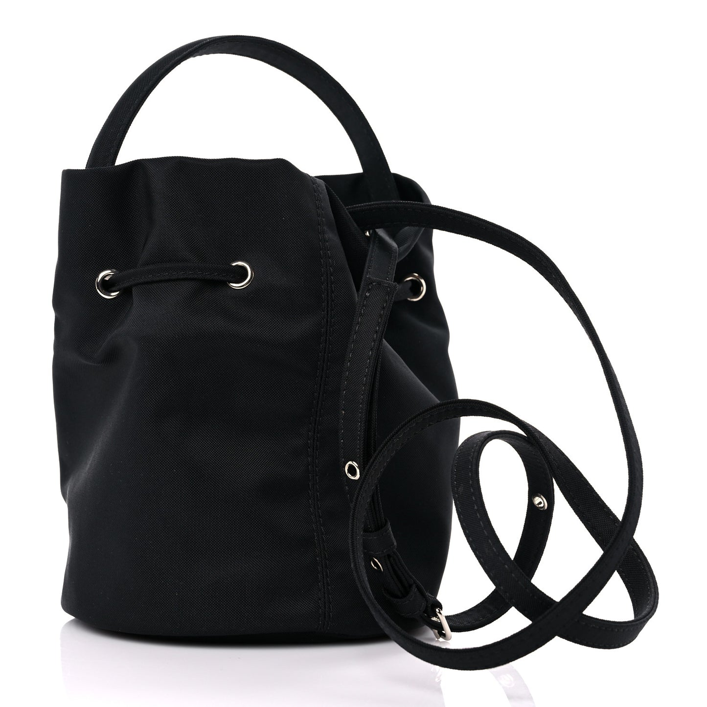 Recycled Sport Nylon Logo Embroidered Wheel Drawstring Bucket Bag XS Black