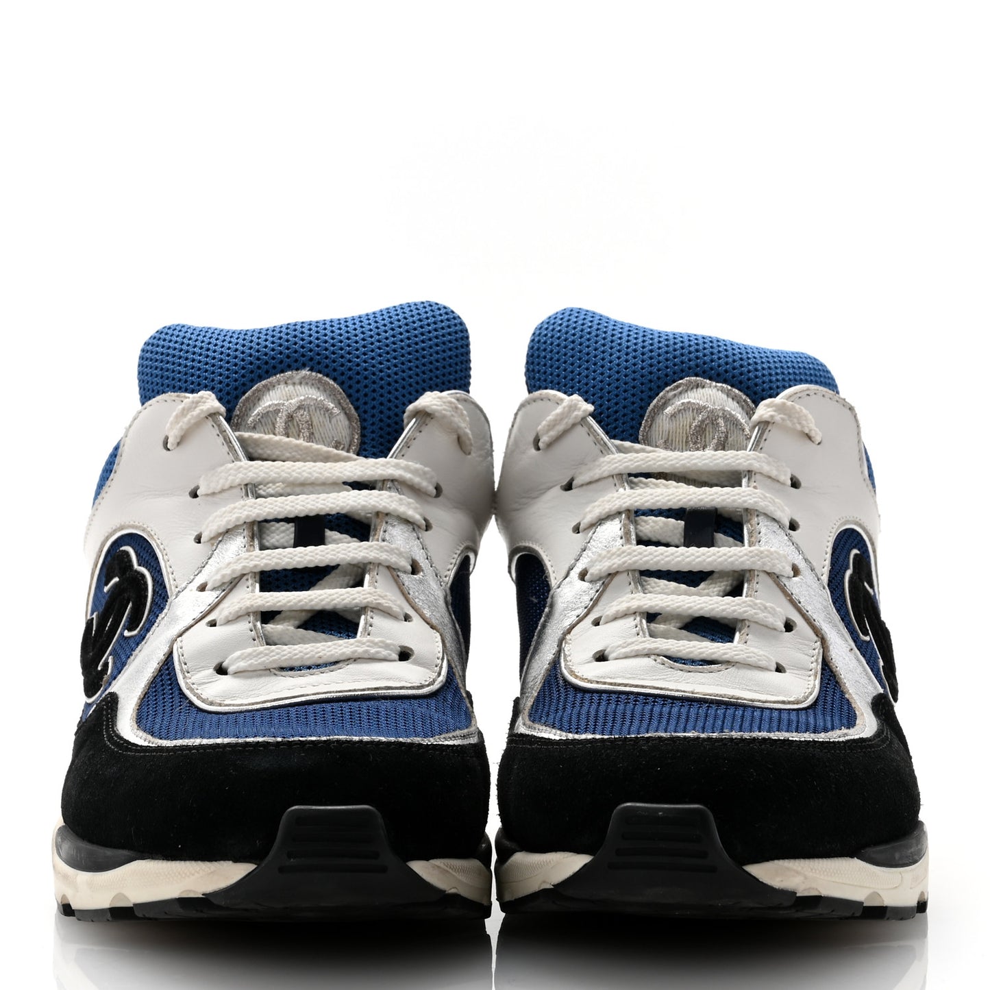 Mesh Suede Calfskin Womens CC Sneakers 37.5 Dark Blue Black White