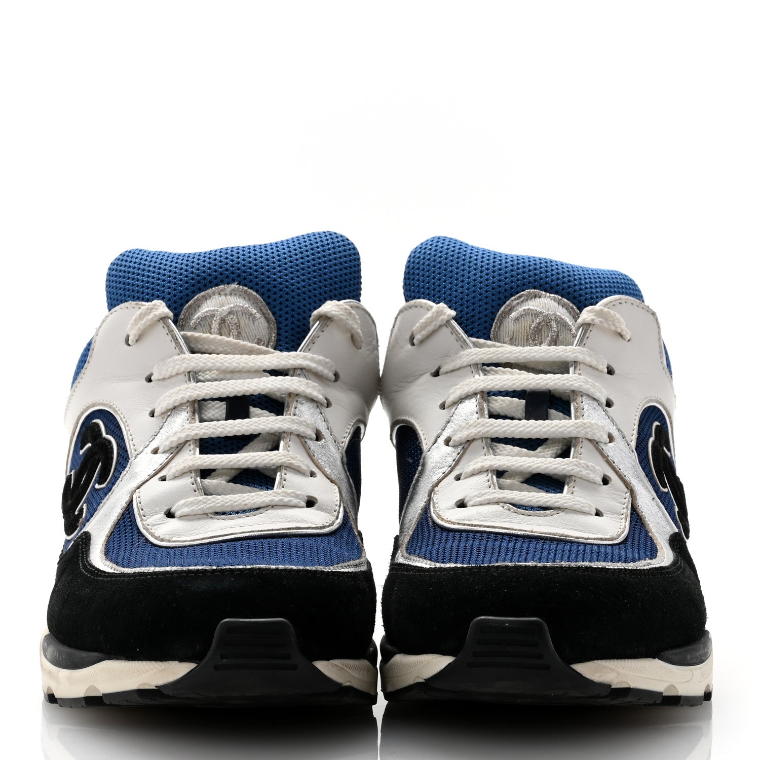 Chanel Mesh Suede Calfskin Womens CC Sneakers 37.5 Dark Blue Black White 2 of 10