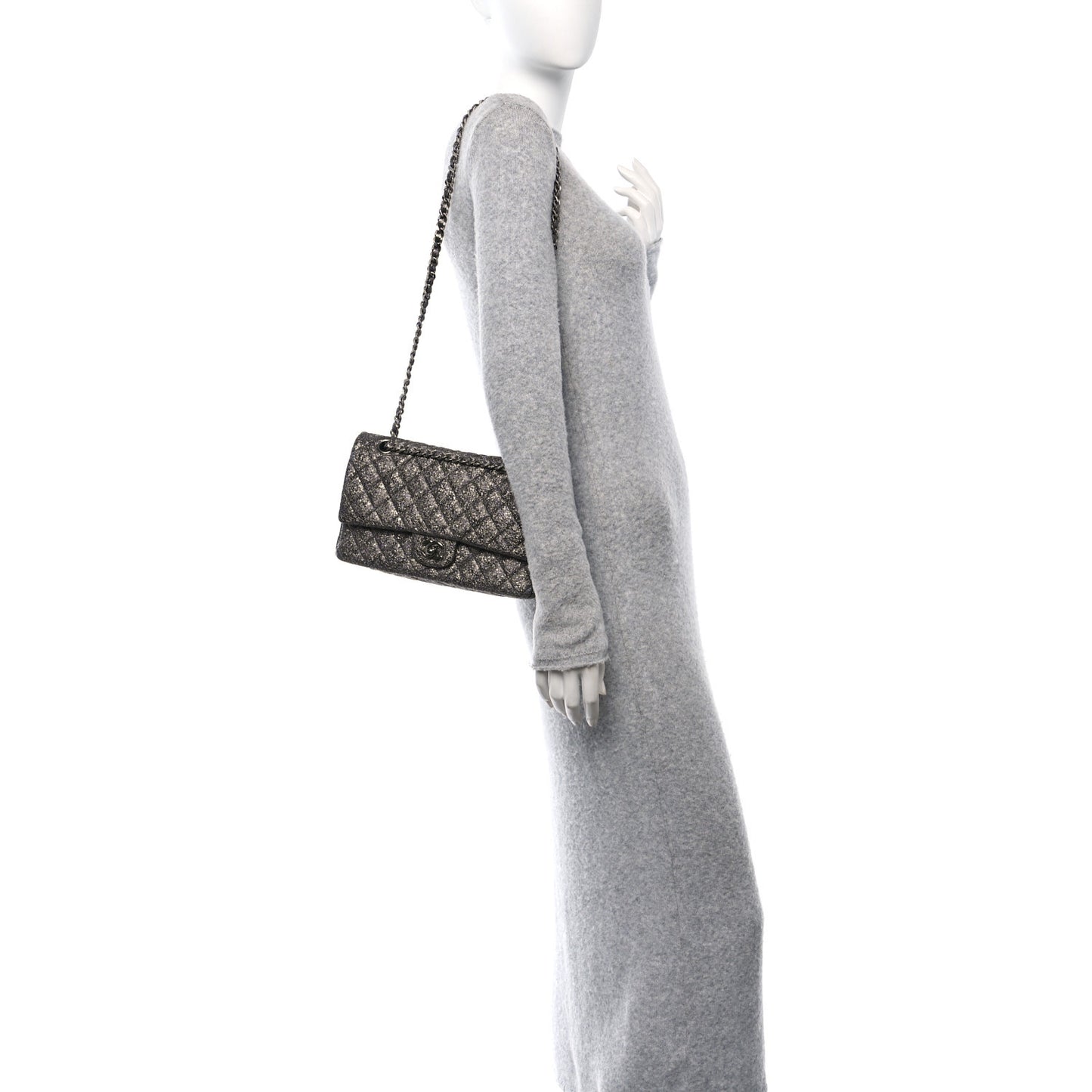 Metallic Crackled Calfskin Medium Double Flap Dark Silver