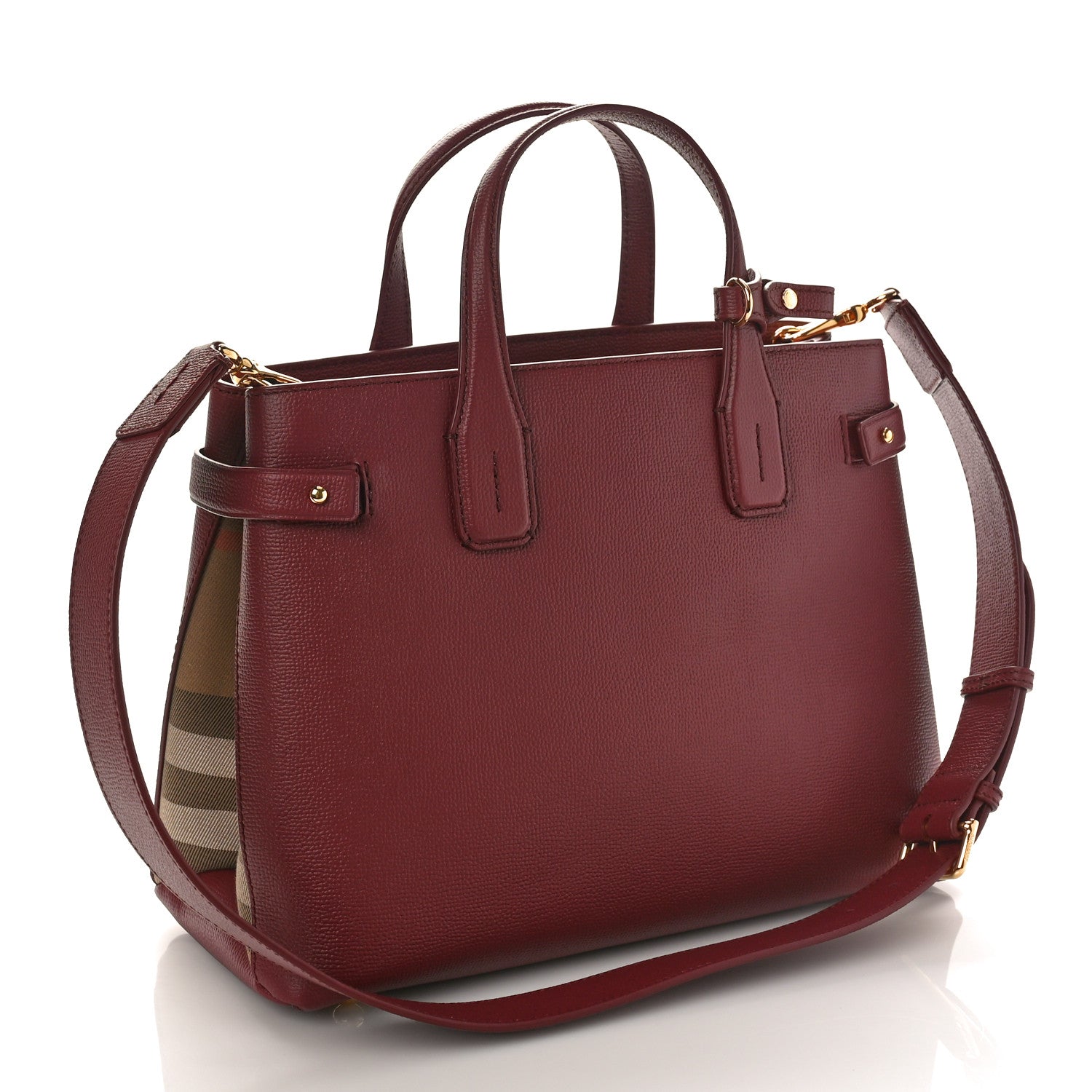 Burberry Grainy Calfskin House Check Medium Banner Tote Mahogany Red 2 of 8