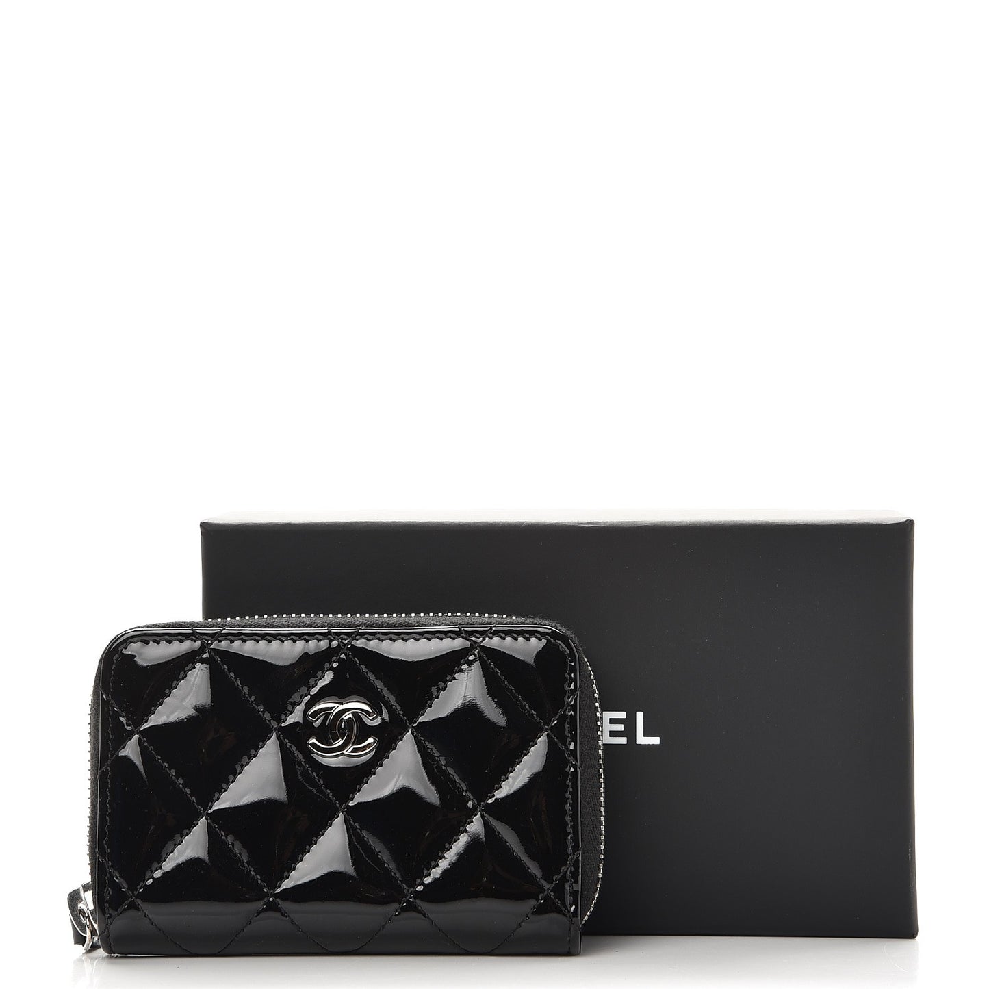 Patent Calfskin Quilted Zip Coin Purse Black