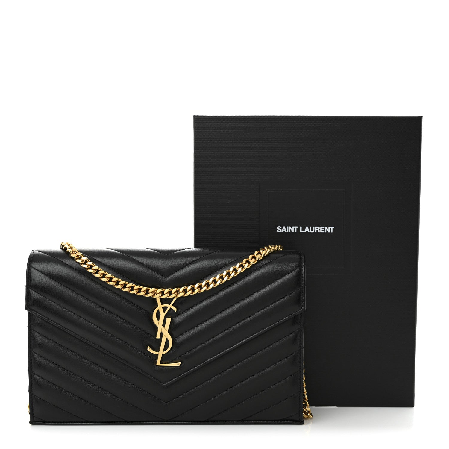 Saint Laurent Lambskin Matelasse Chevron Monogram Chain Wallet Black 11 of 11