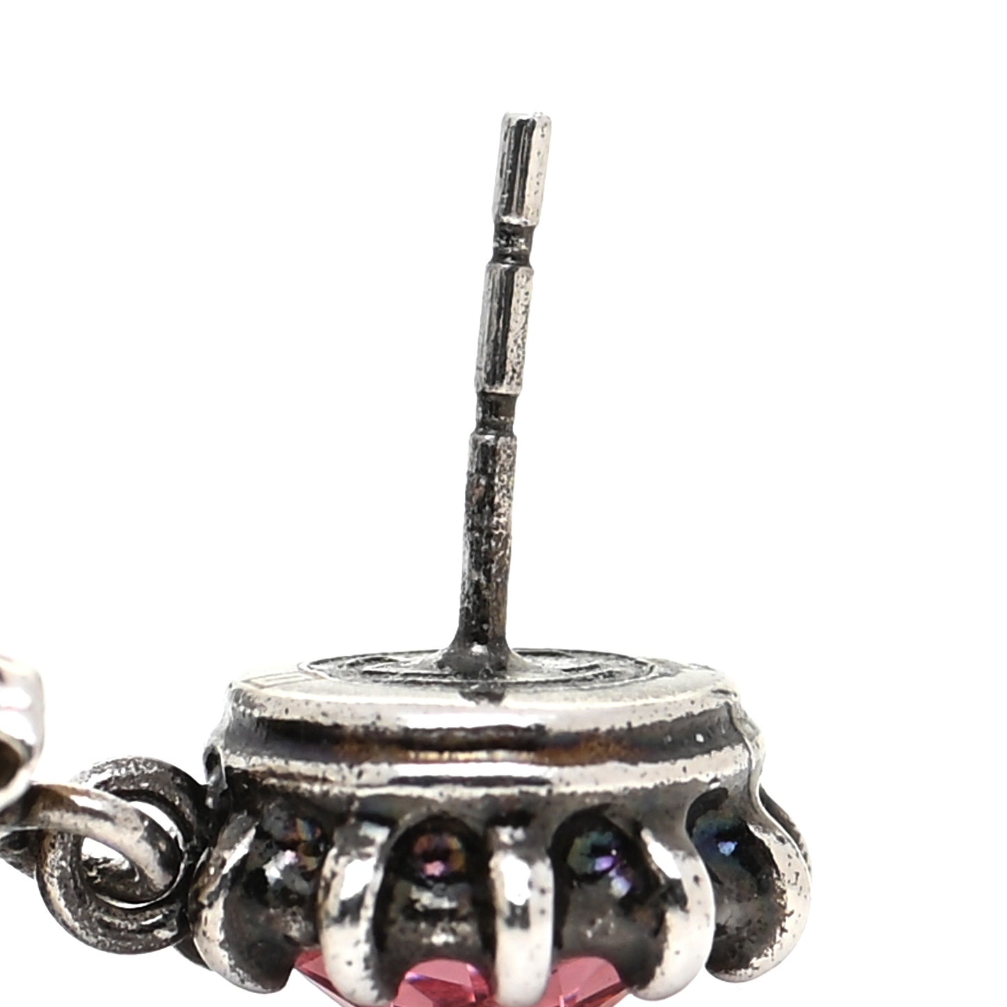 Metal Crystal Feline Earrings Aged Silver Pink