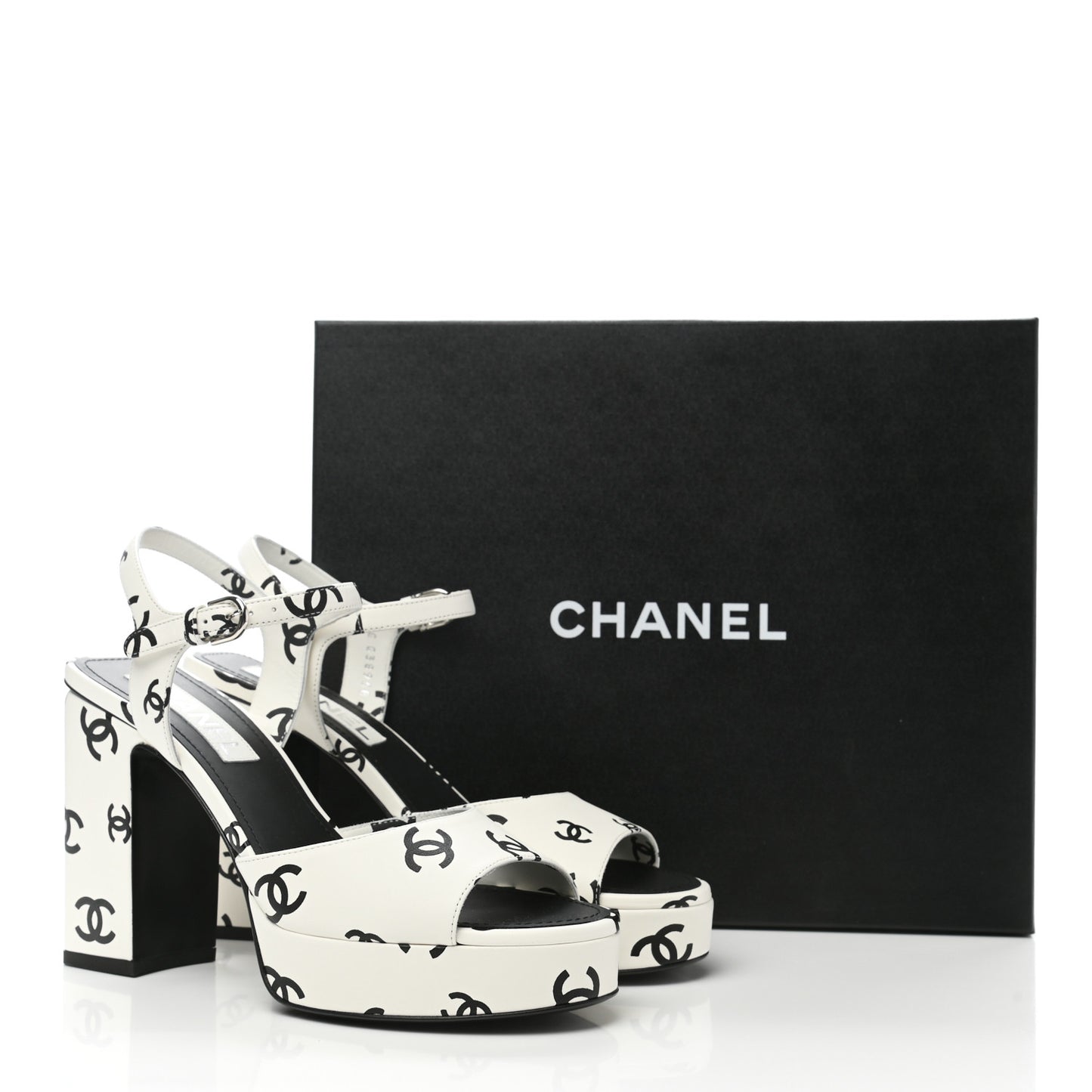 Printed Lambskin Coco Beach Platform Sandals 38.5 White Black