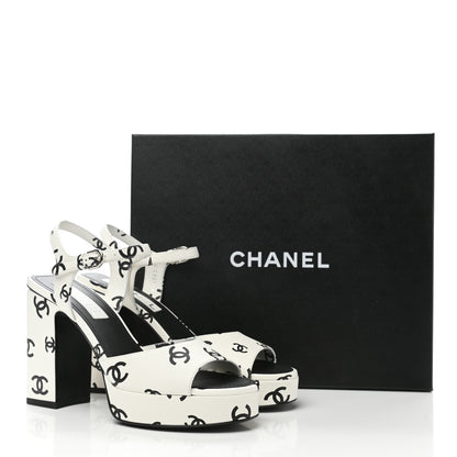 Chanel Printed Lambskin Coco Beach Platform Sandals 38.5 White Black 9 of 9