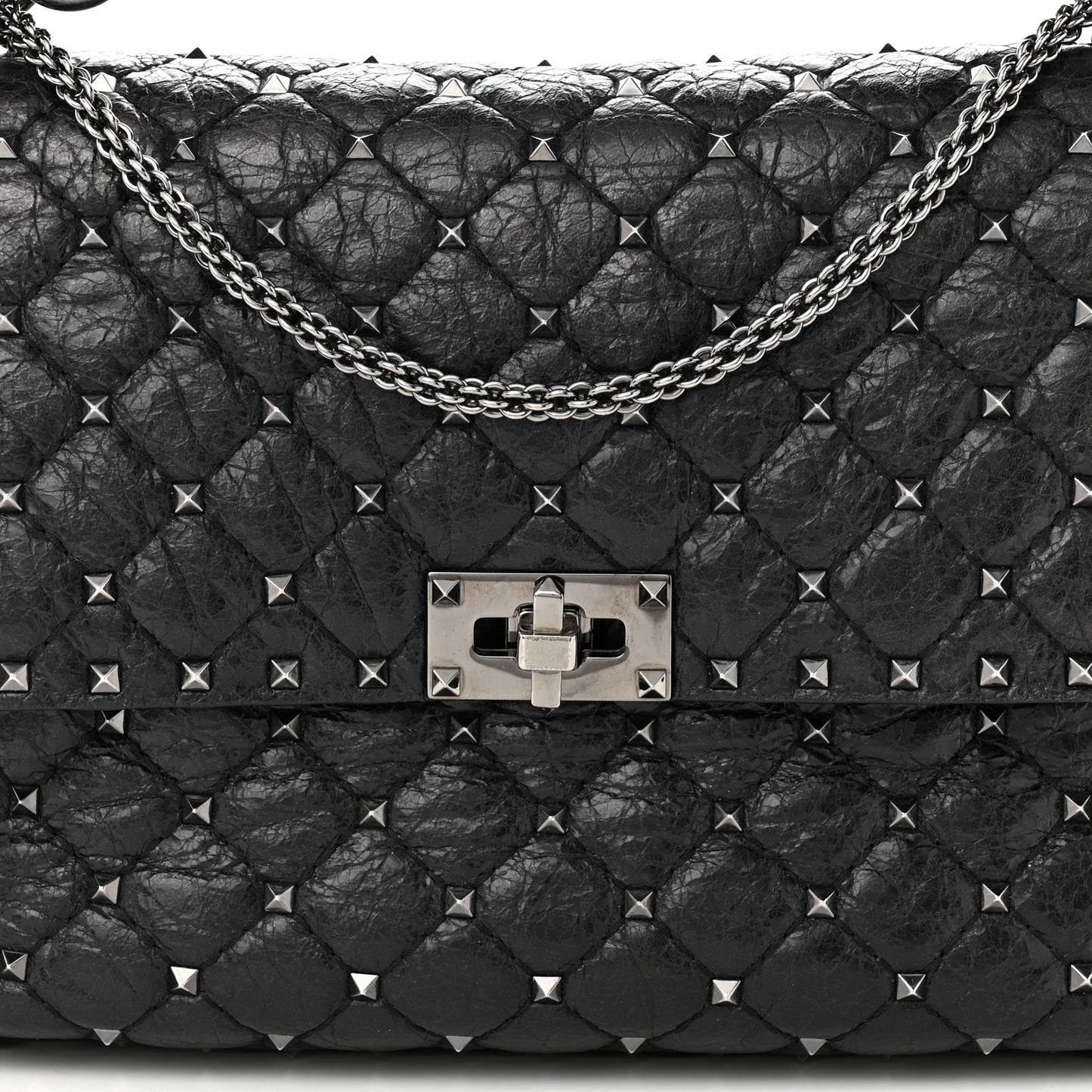 Craquele Nappa Large Rockstud Spike Shoulder Bag Black