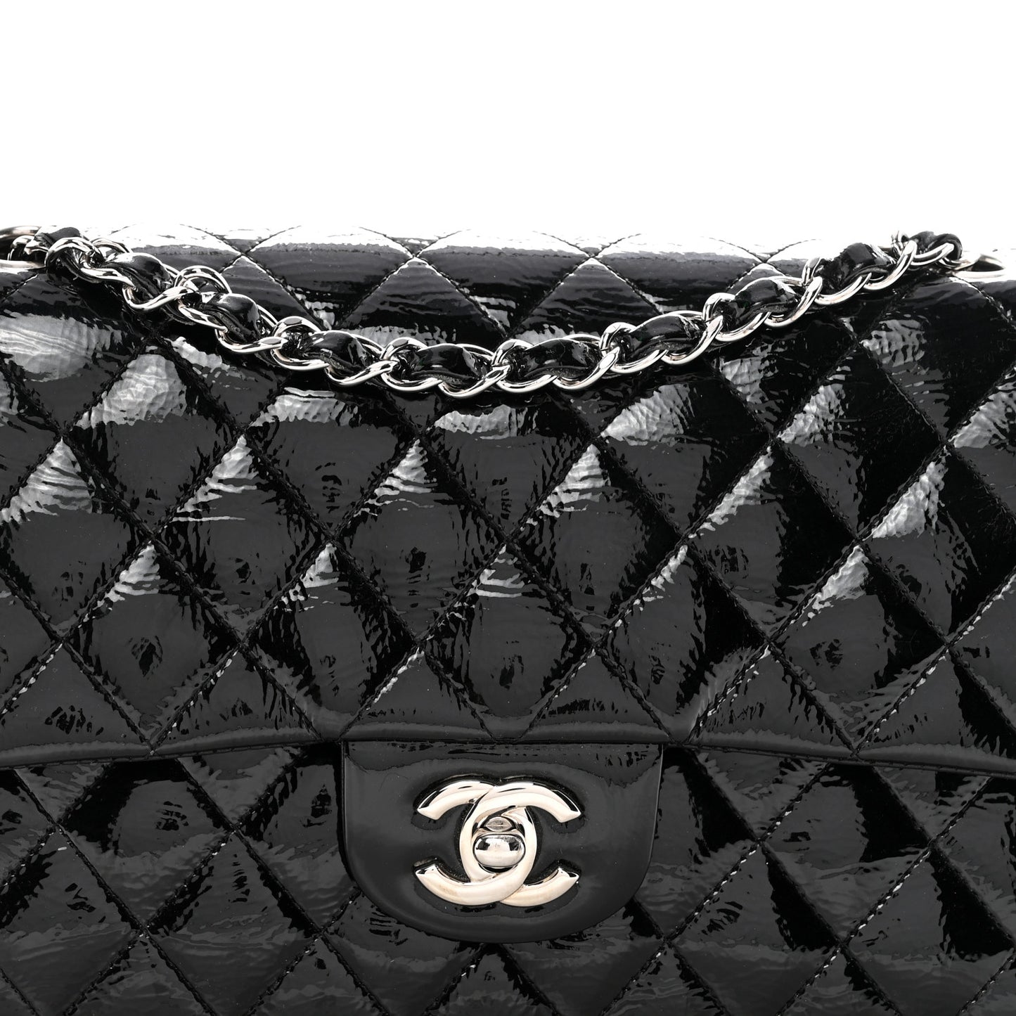 Distressed Patent Quilted Medium Double Flap Black
