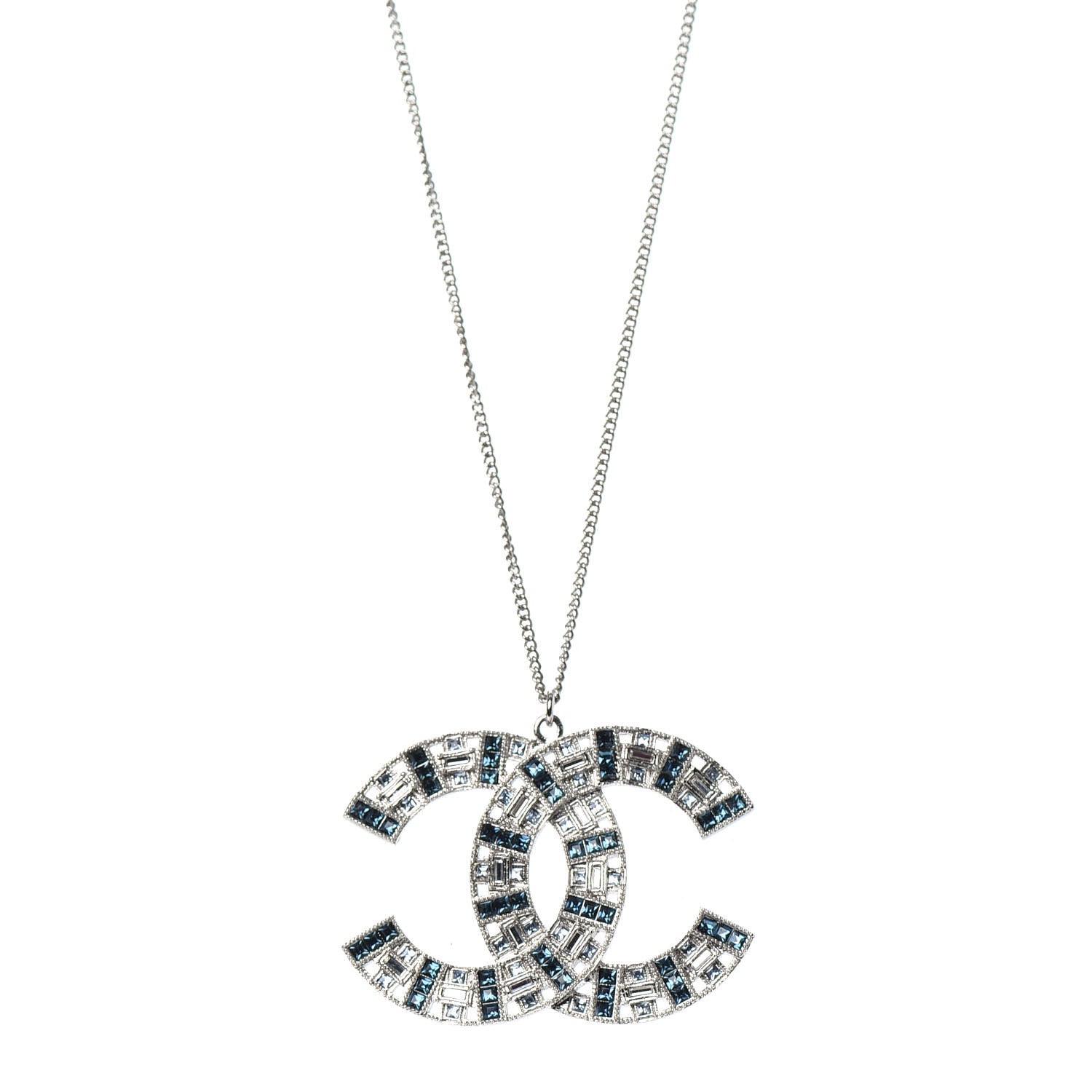 Chanel Baguette Crystal CC Necklace Silver Blue 1 of 5