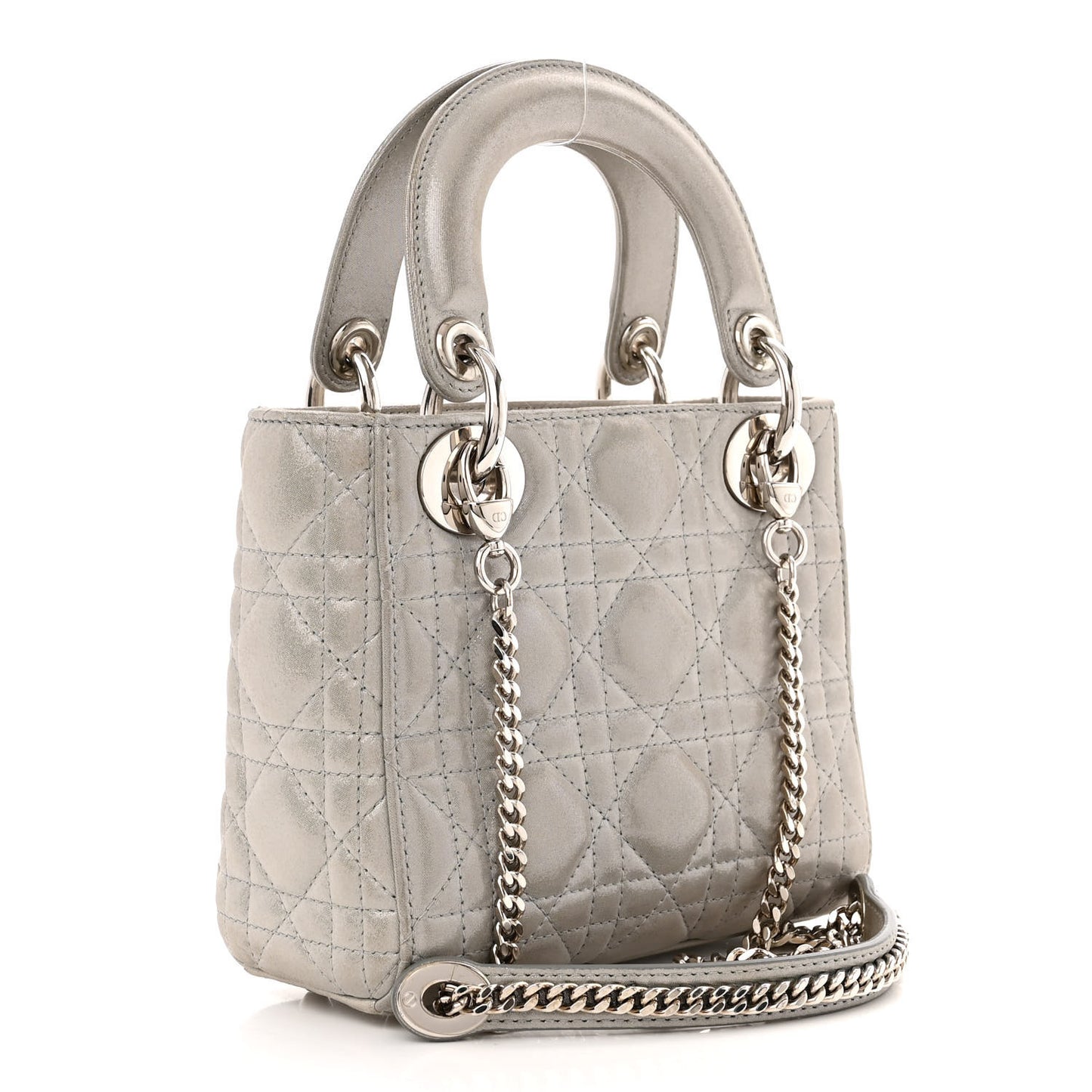 Metallic Lambskin Cannage Mini Lady Dior Silver