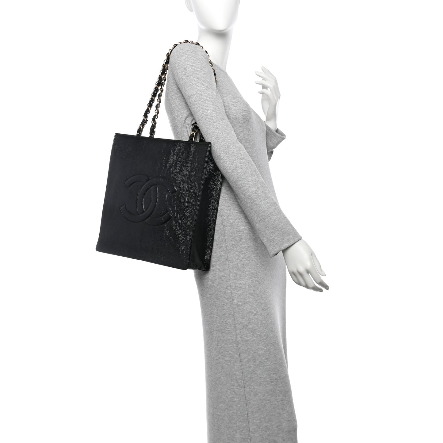 Shiny Aged Calfskin North South Shopping Bag Black