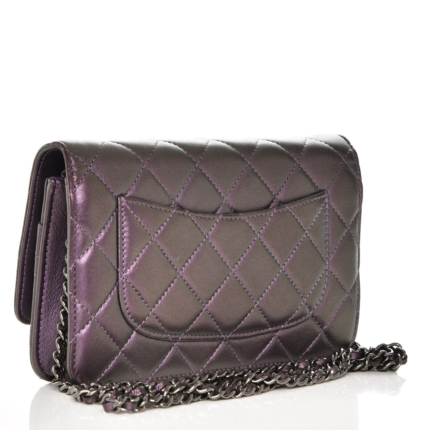 Iridescent Lambskin Quilted Wallet On Chain WOC Purple