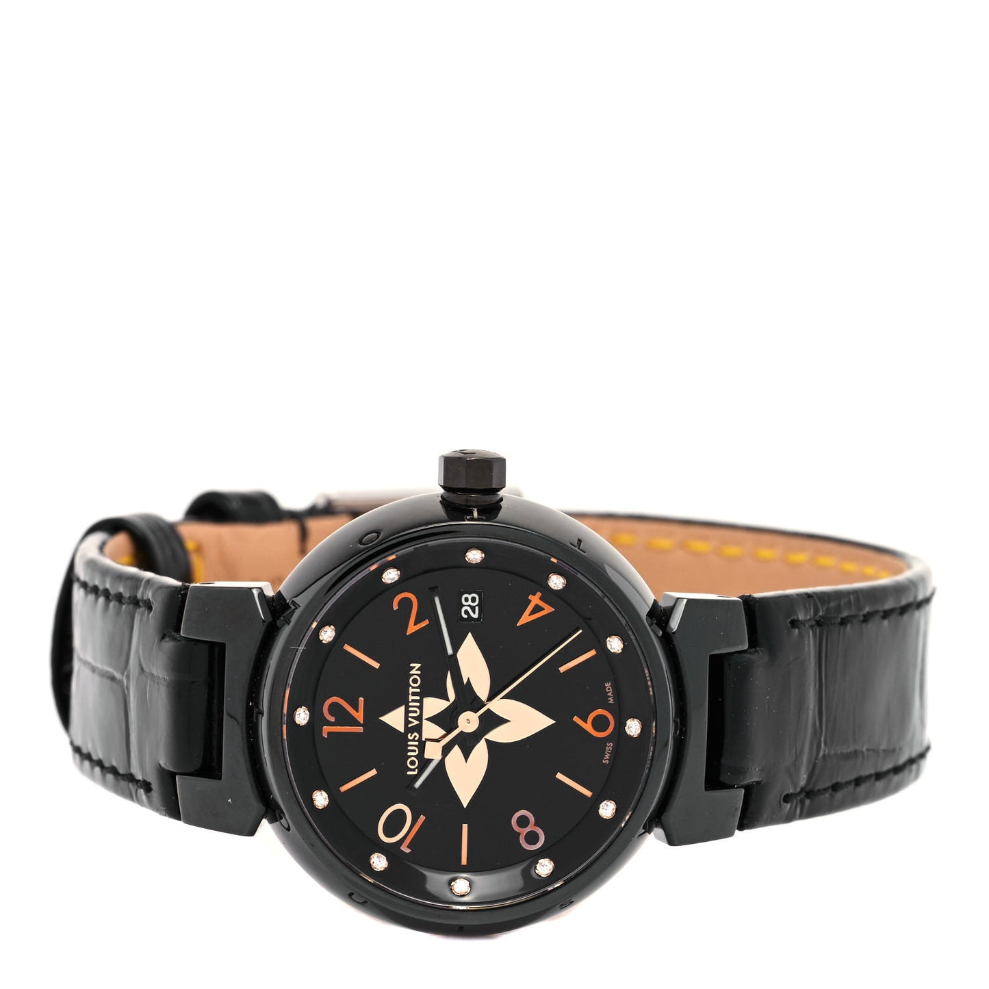 PVD Stainless Steel Alligator Diamond 28mm My LV Tambour Quartz Watch Black