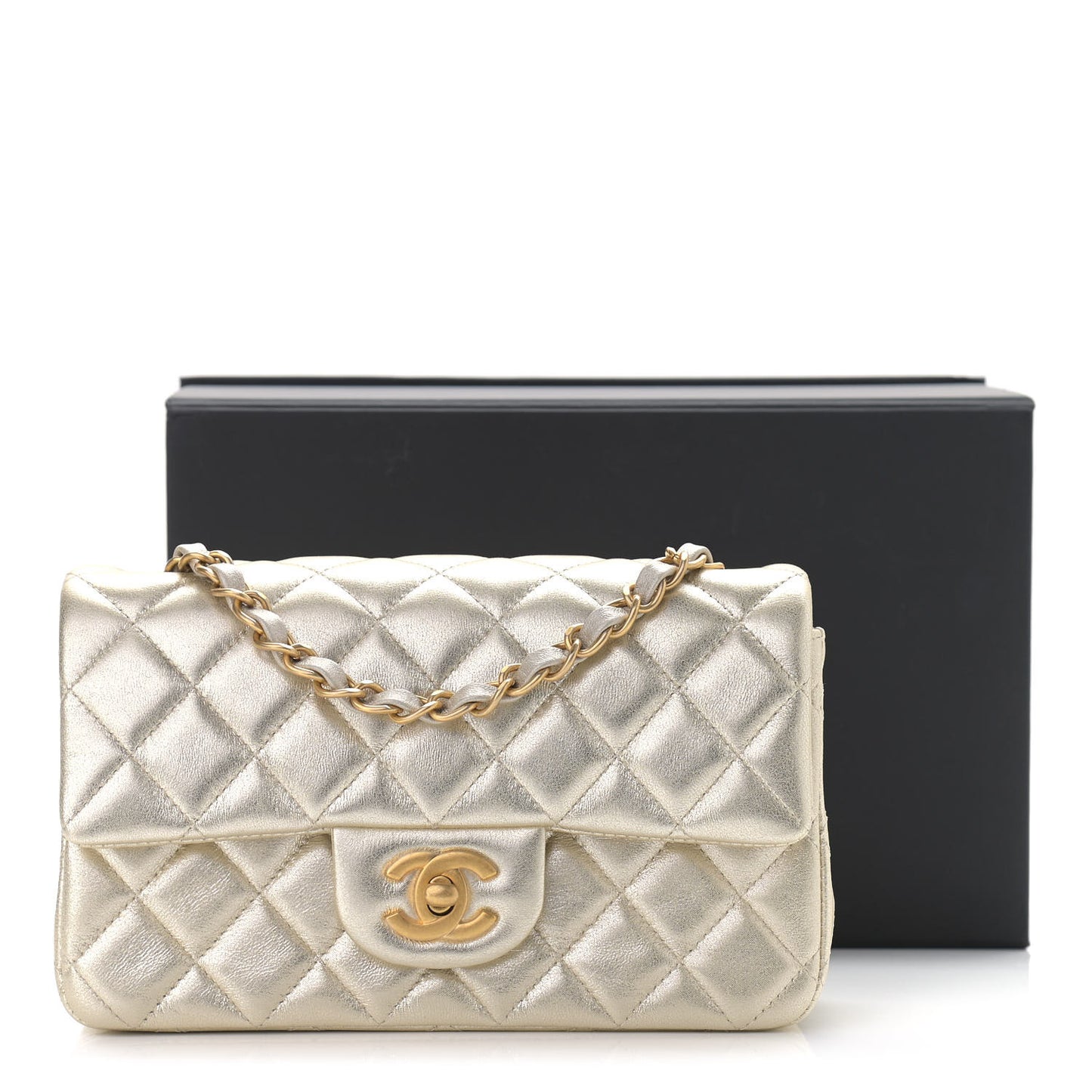 Metallic Lambskin Quilted Mini Rectangular Flap Gold