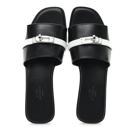 Hermes Calfskin Giulia Sandals 37 Black White 2 of 9