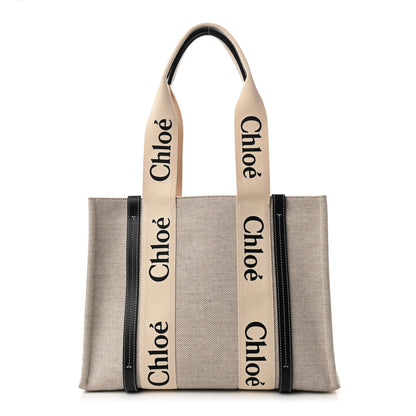 Chloe Cotton Calfskin Medium Woody Ribbon Tote White Black 1 of 13