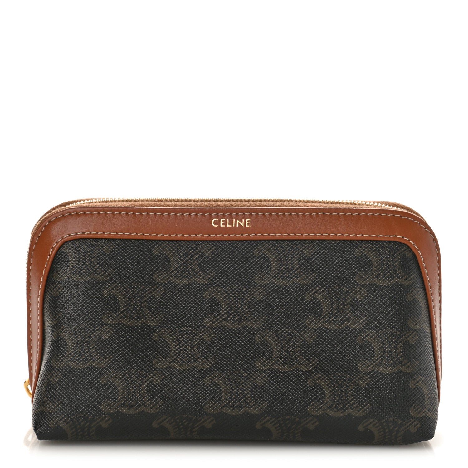 Celine Triomphe Canvas Calfskin Small Cosmetic Pouch Tan 1 of 7