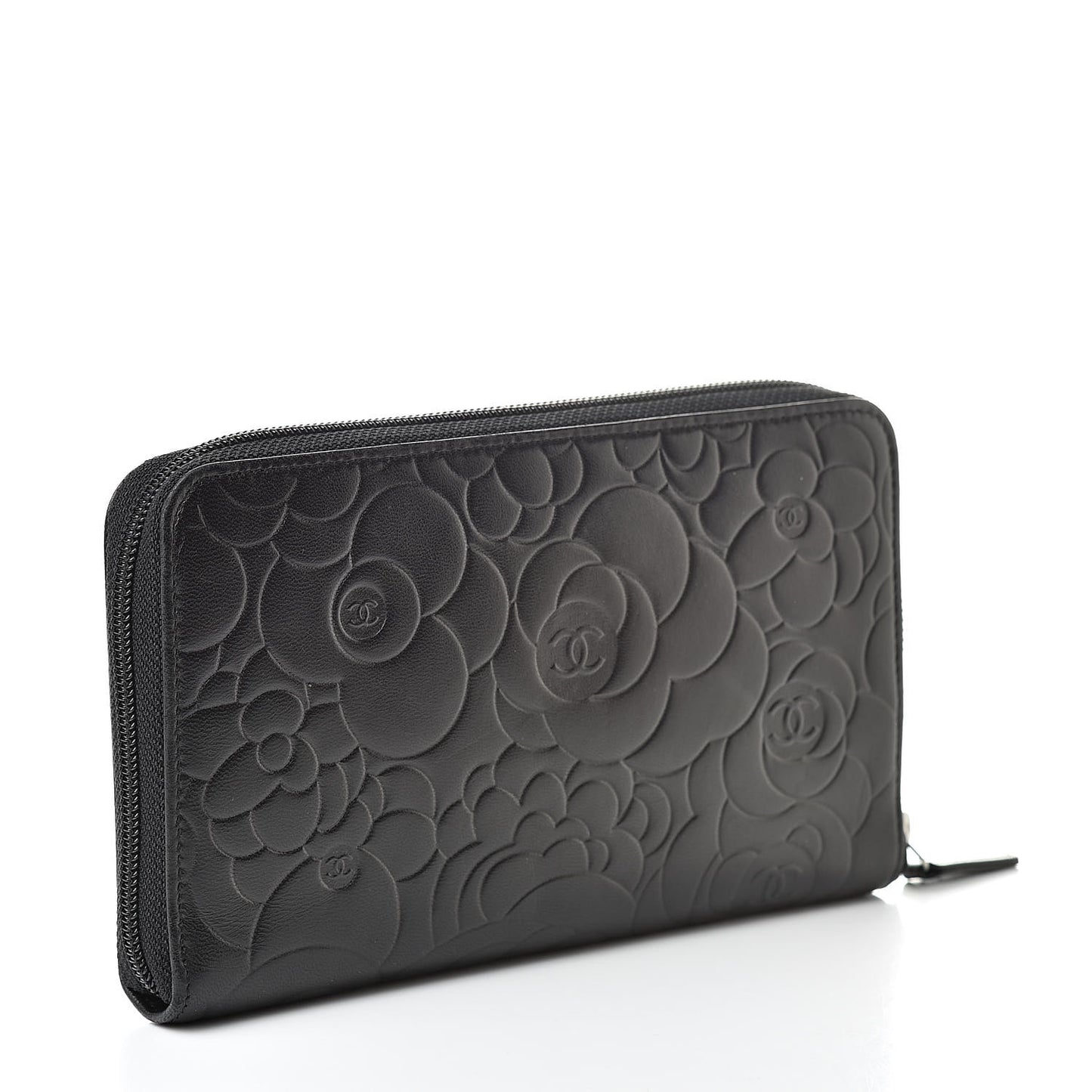 Lambskin Camellia Embossed Zip Around Organizer Wallet Black