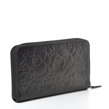 Chanel Lambskin Camellia Embossed Zip Around Organizer Wallet Black 3 of 11