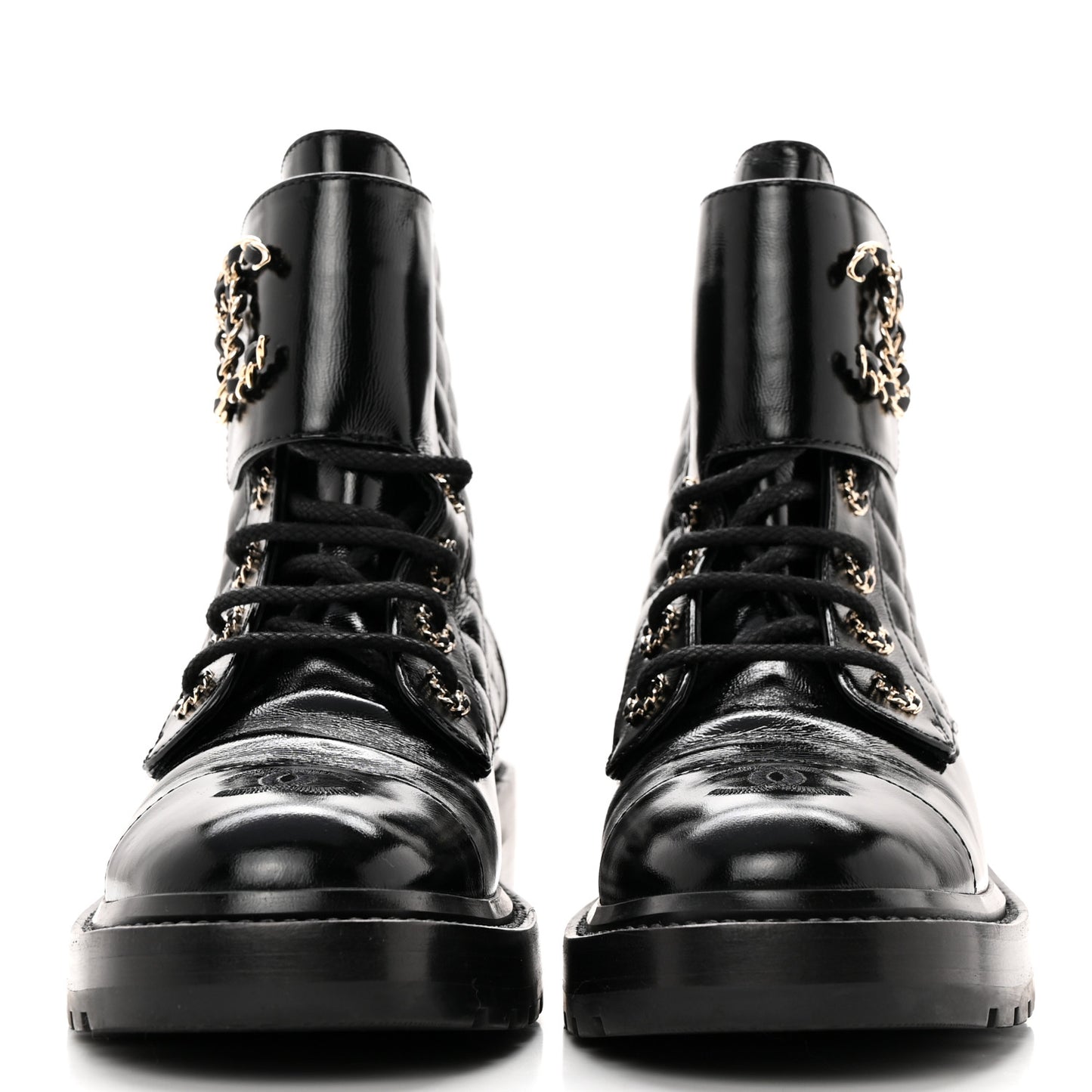 Shiny Calfskin Quilted Lace Up Combat Boots 38.5 Black