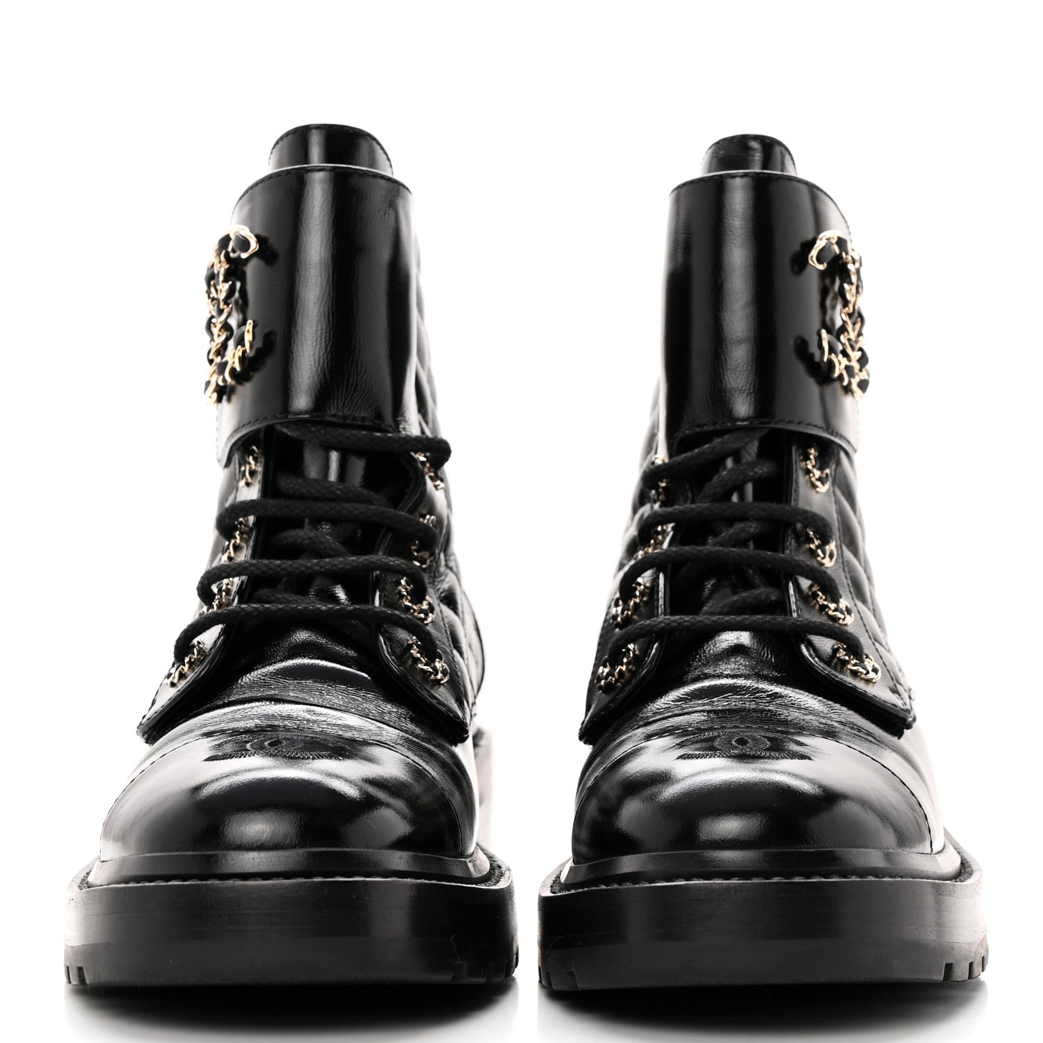 Chanel Shiny Calfskin Quilted Lace Up Combat Boots 38.5 Black 2 of 9