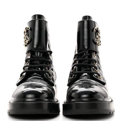 Chanel Shiny Calfskin Quilted Lace Up Combat Boots 38.5 Black 2 of 9