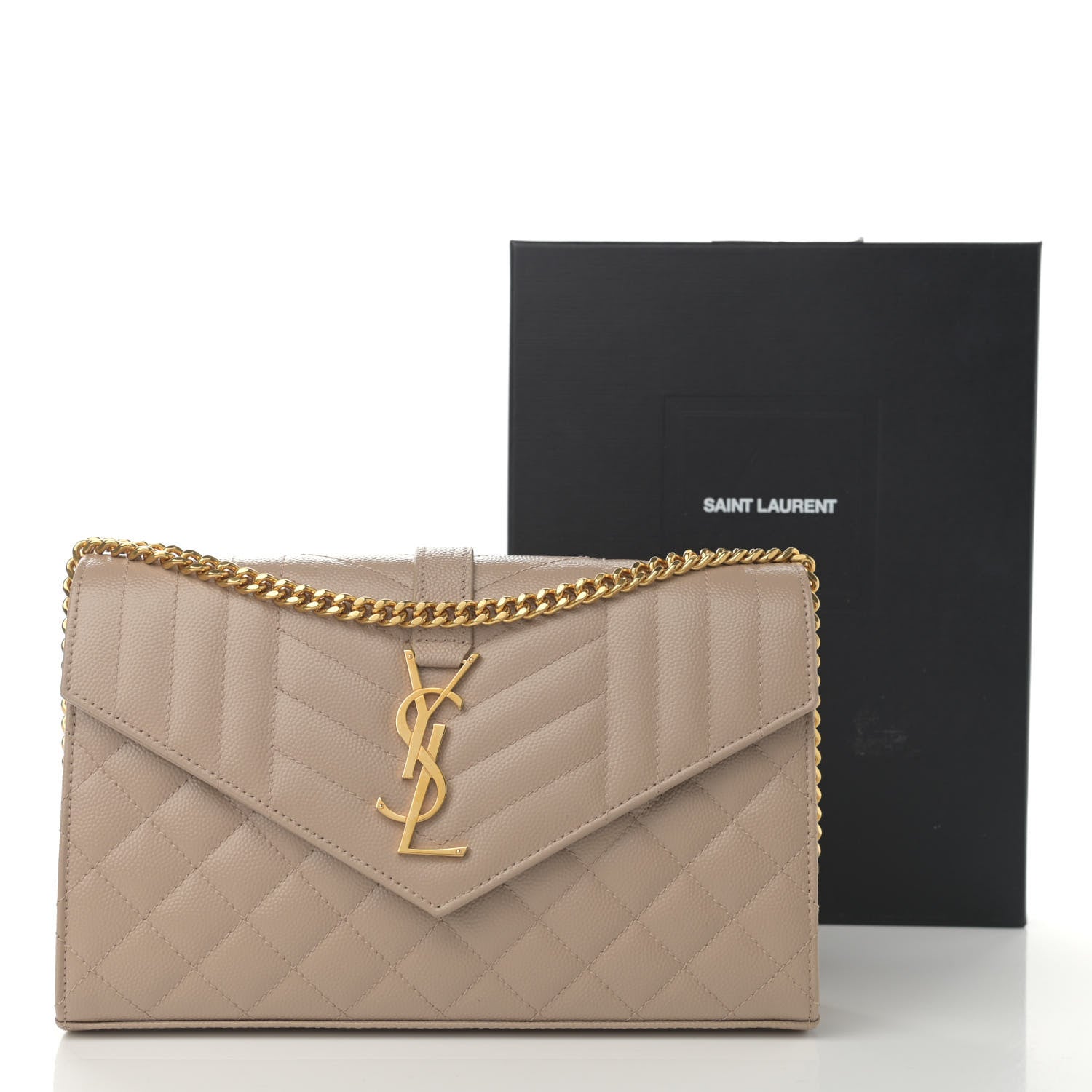 Saint Laurent Grain De Poudre Mixed Matelasse Triquilt Monogram Chain Wallet Dark Beige 11 of 11