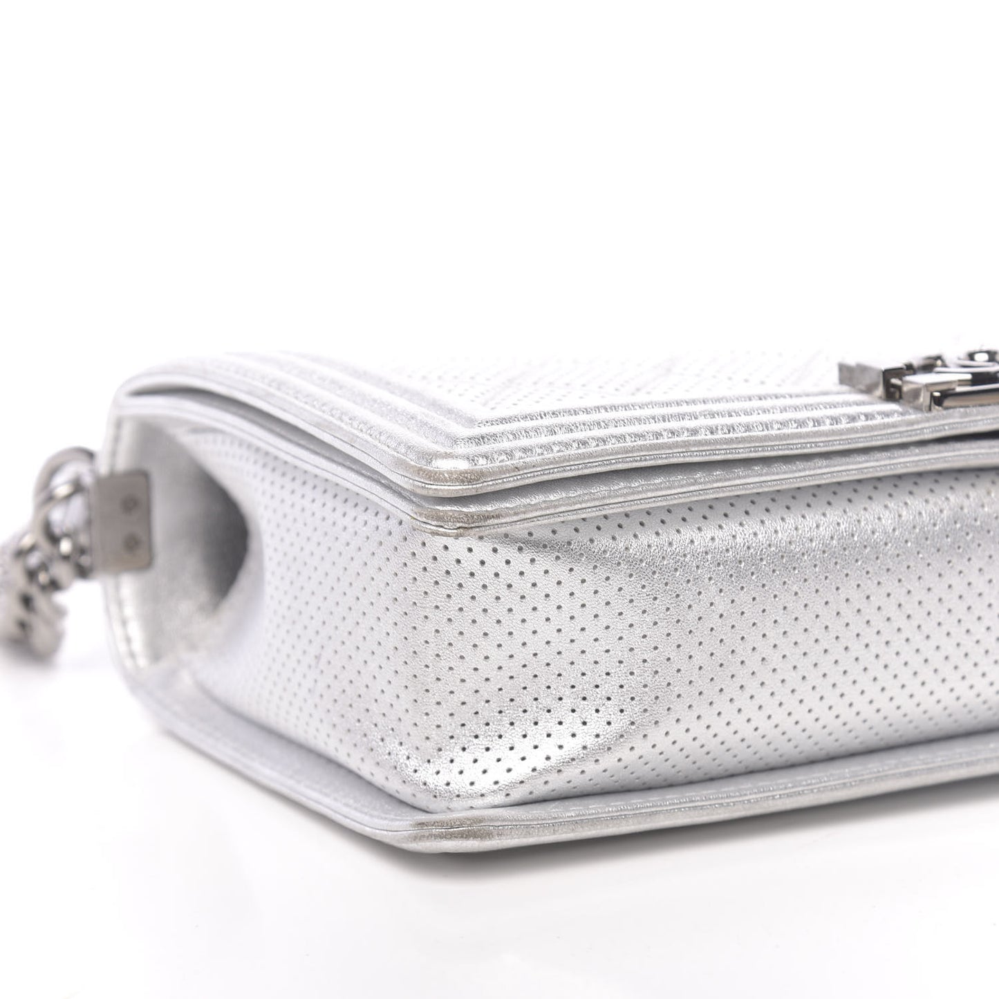 Metallic Lambskin Perforated New Medium Boy Flap Silver
