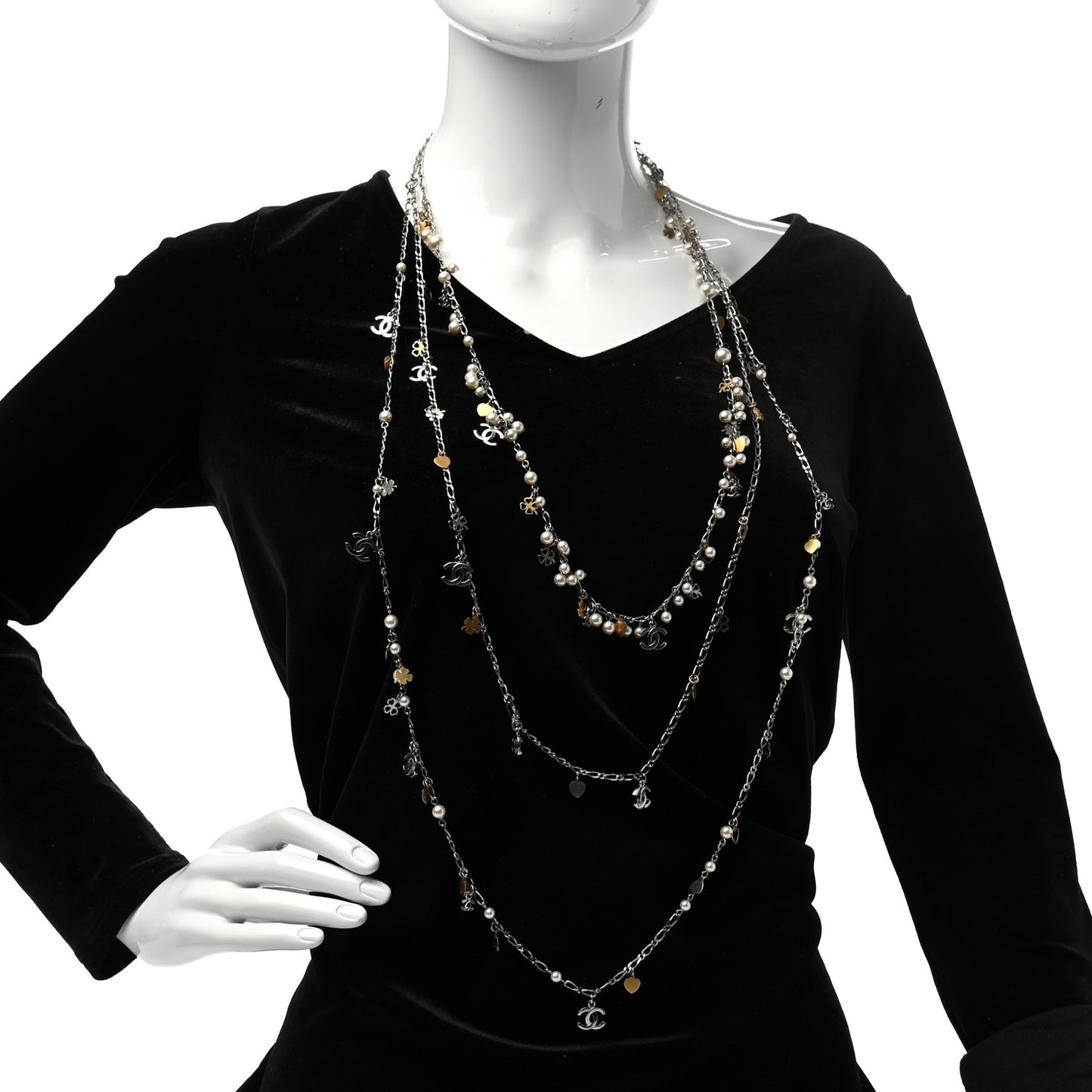 Pearl CC Lucky Charms Long Necklace Silver