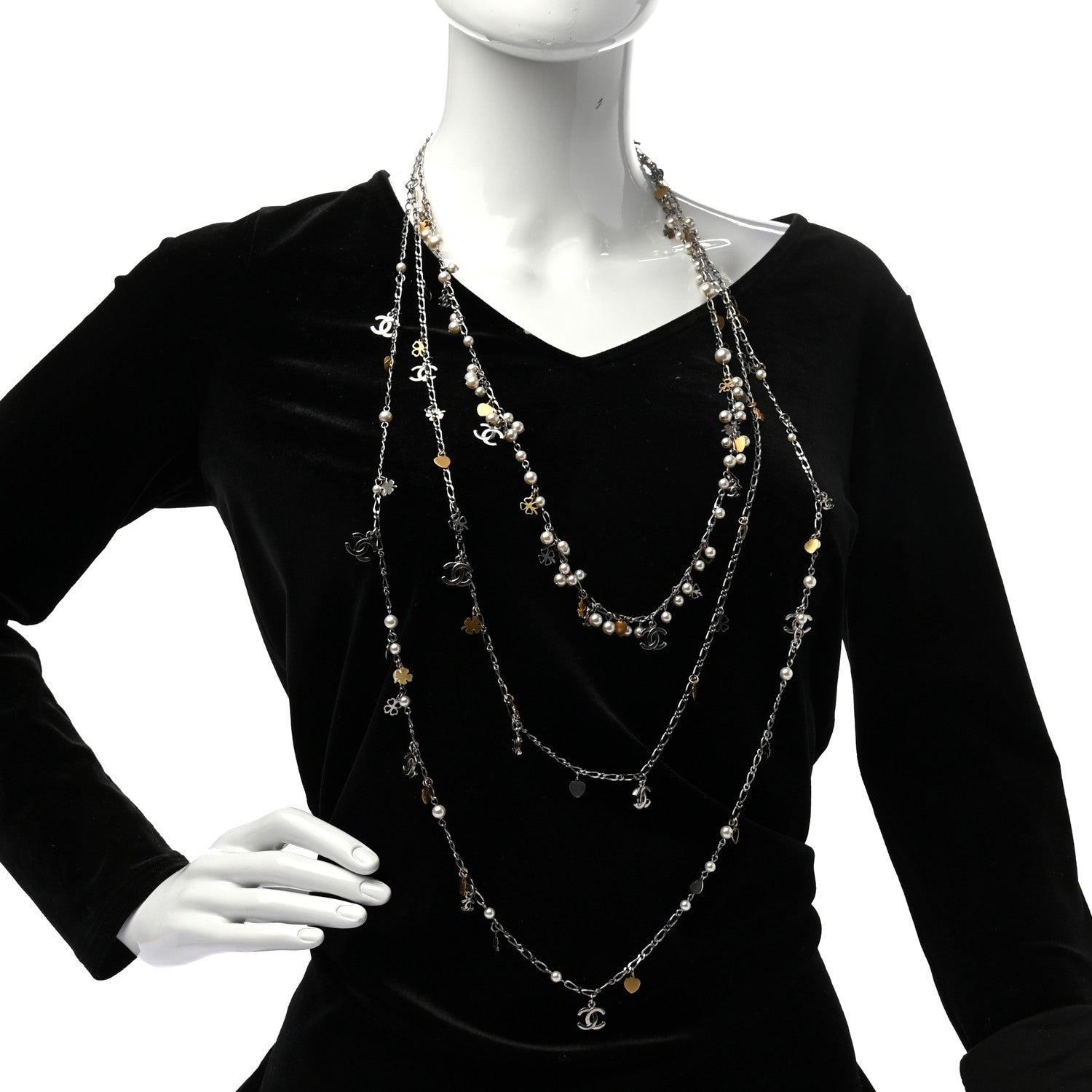 Chanel Pearl CC Lucky Charms Long Necklace Silver 2 of 5