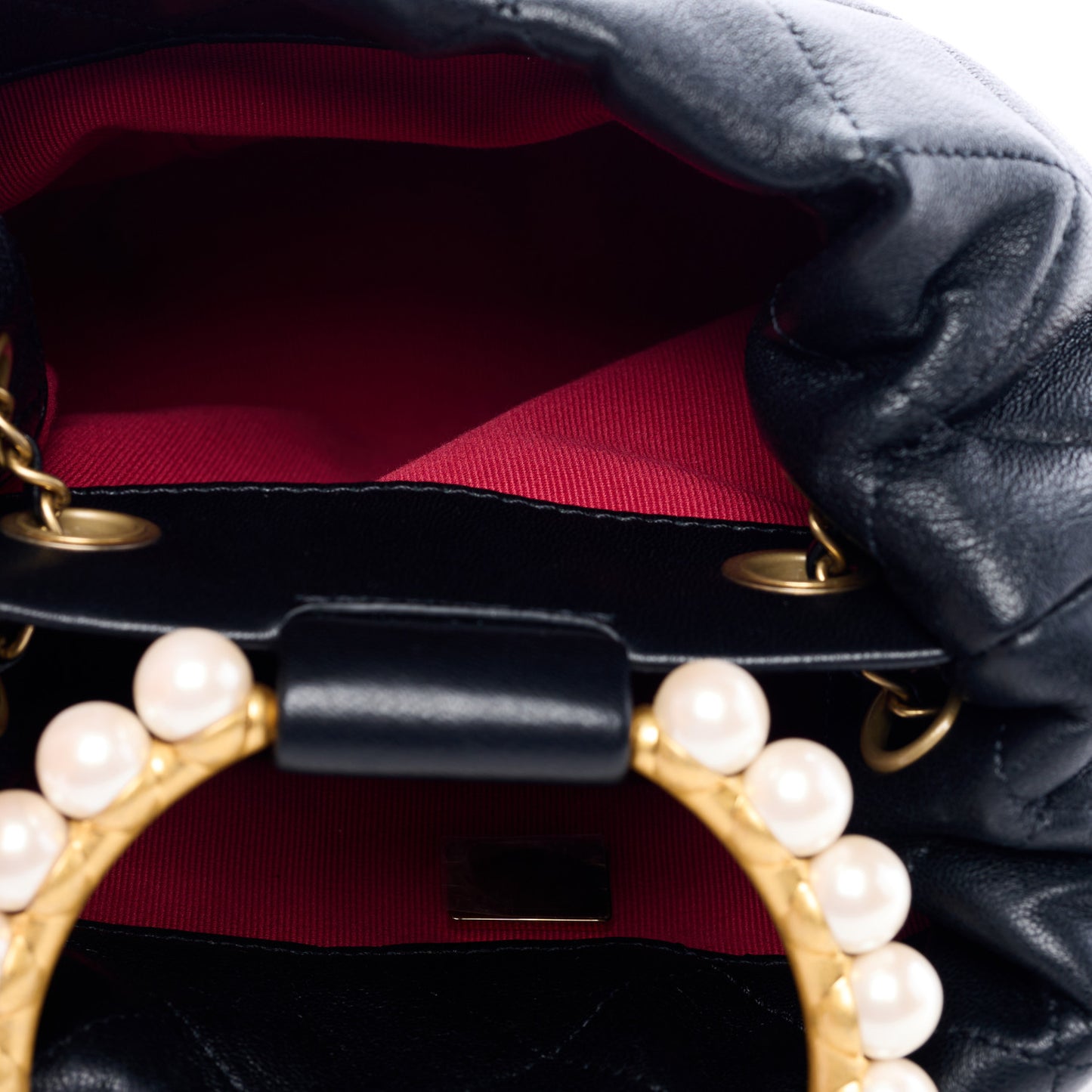 Lambskin Quilted Pearl Crown Drawstring Bag Black
